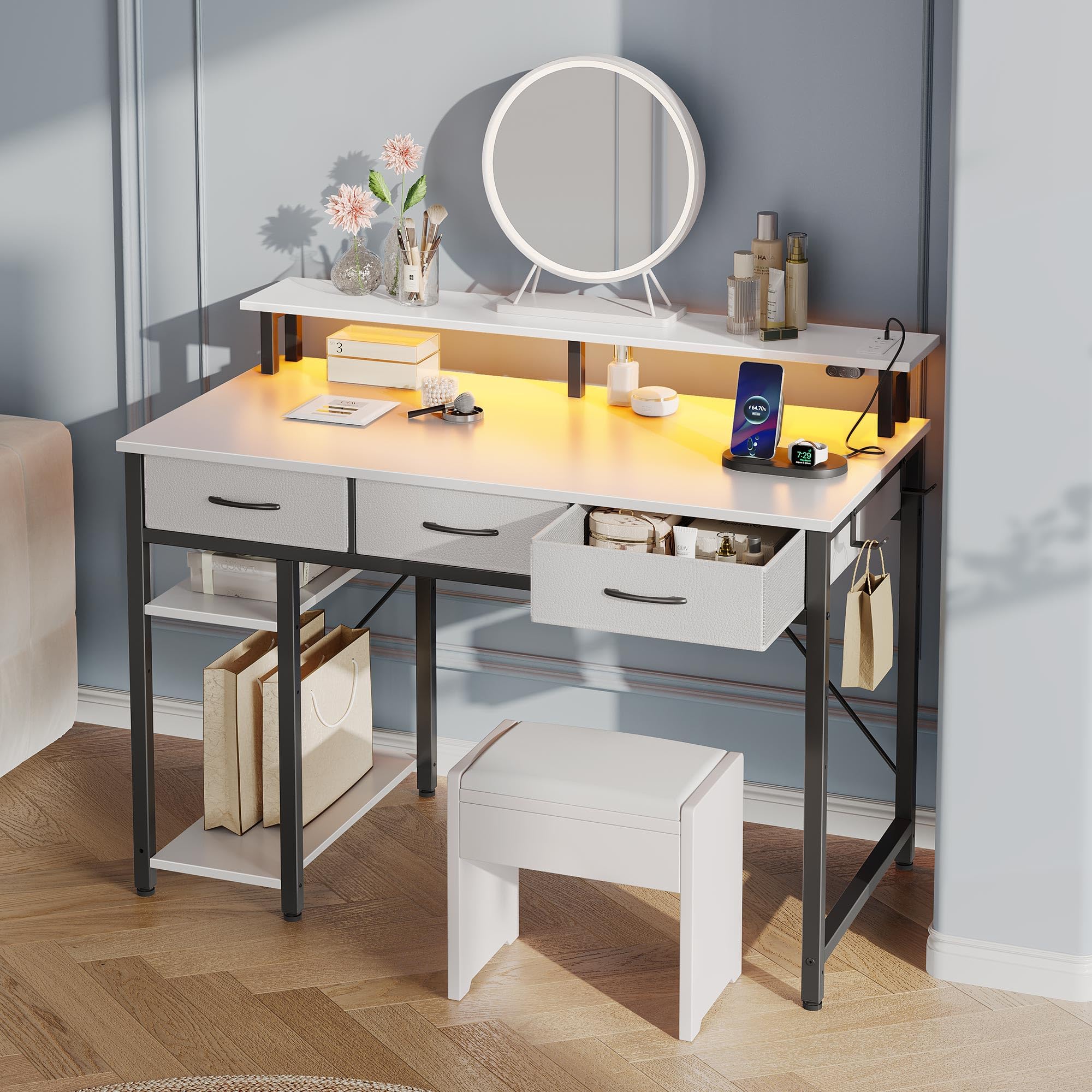 Rolanstar Bureau avec Rangement 100 cm - Table Ado 3 Tiroirs LED RGB Prises de Courant, Blanc
