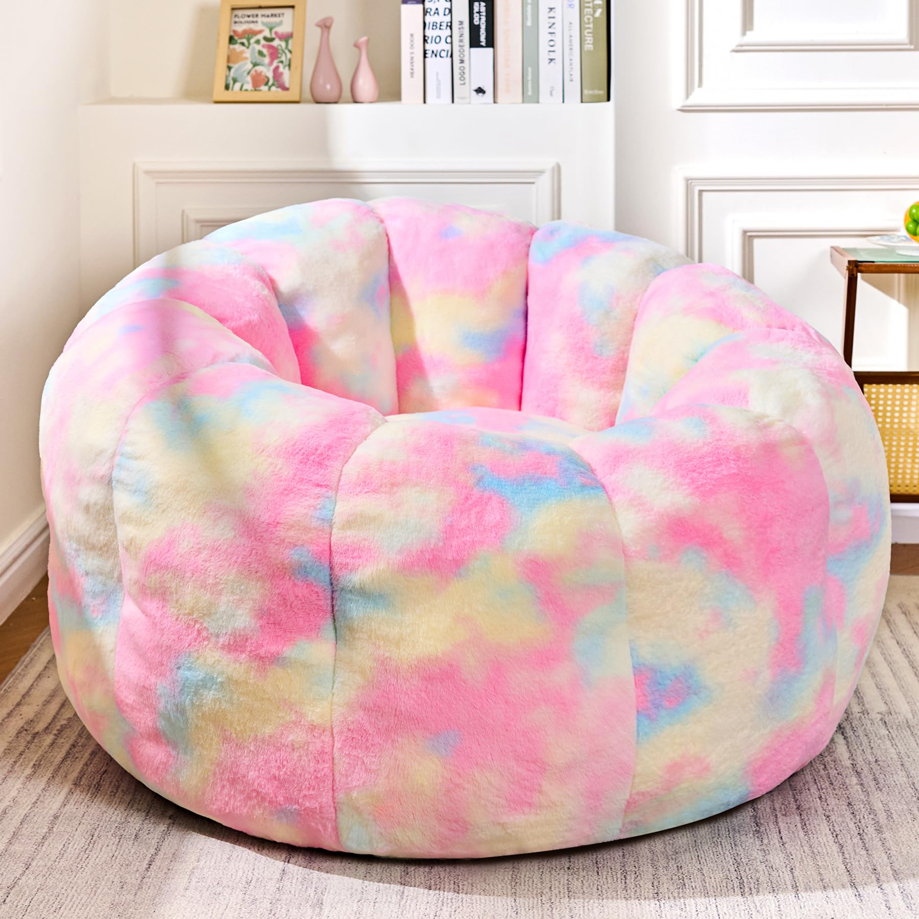 LinkRomat Giant Bean Bag Chair, Faux Fur Adults Beanbag with Petal Armrest Oversize Colorful Chair for Teens Bedroom, Living Room, Dorm, Game -
