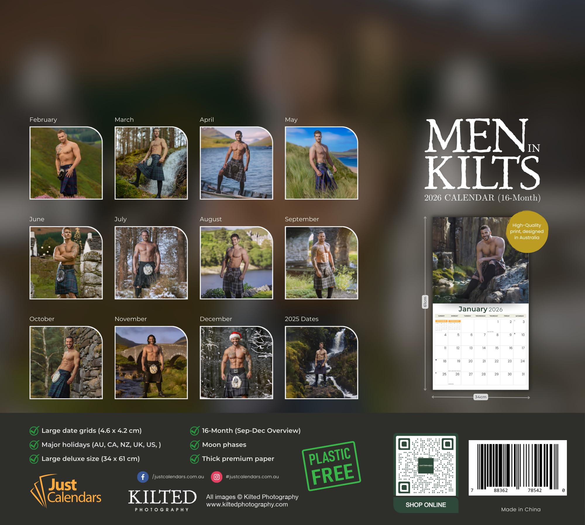 2026 Men in Kilts Deluxe Wandkalender | Kilted Guys | Hot Scottish Boys | 30,5 x 33,8 cm | plastikfrei | 16 Monate | plastikfrei | Organizer für Zuhause und Büro | Monatsansicht, wichtige Feiertage