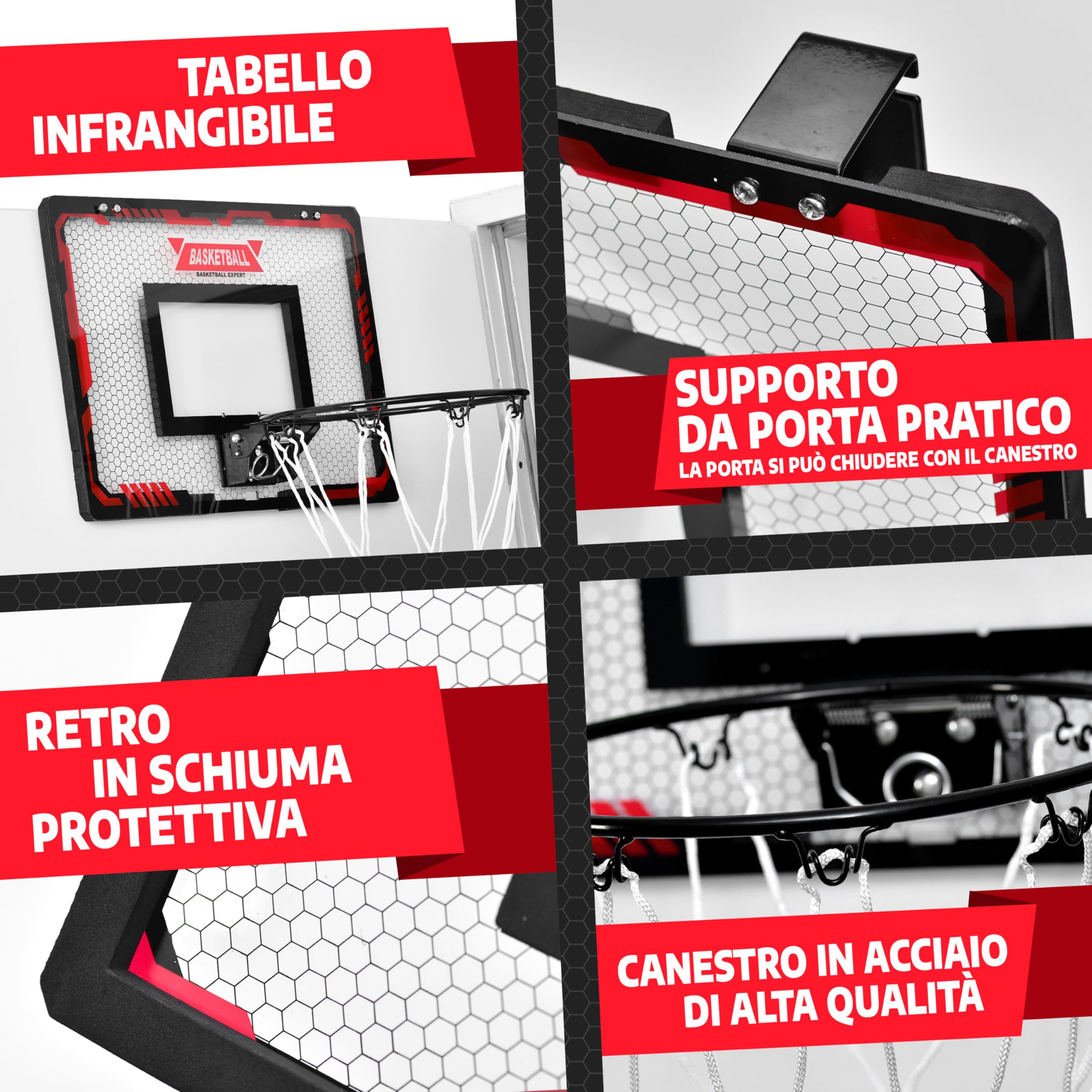 VALENESS® Mini Canestro da Basket da Interno [per Porta & Parete] - Piccolo Canestro con Funzione Schiacciata, 4 Palloni, Pompa & Accessori di Montaggio - per Bambini e Adulti