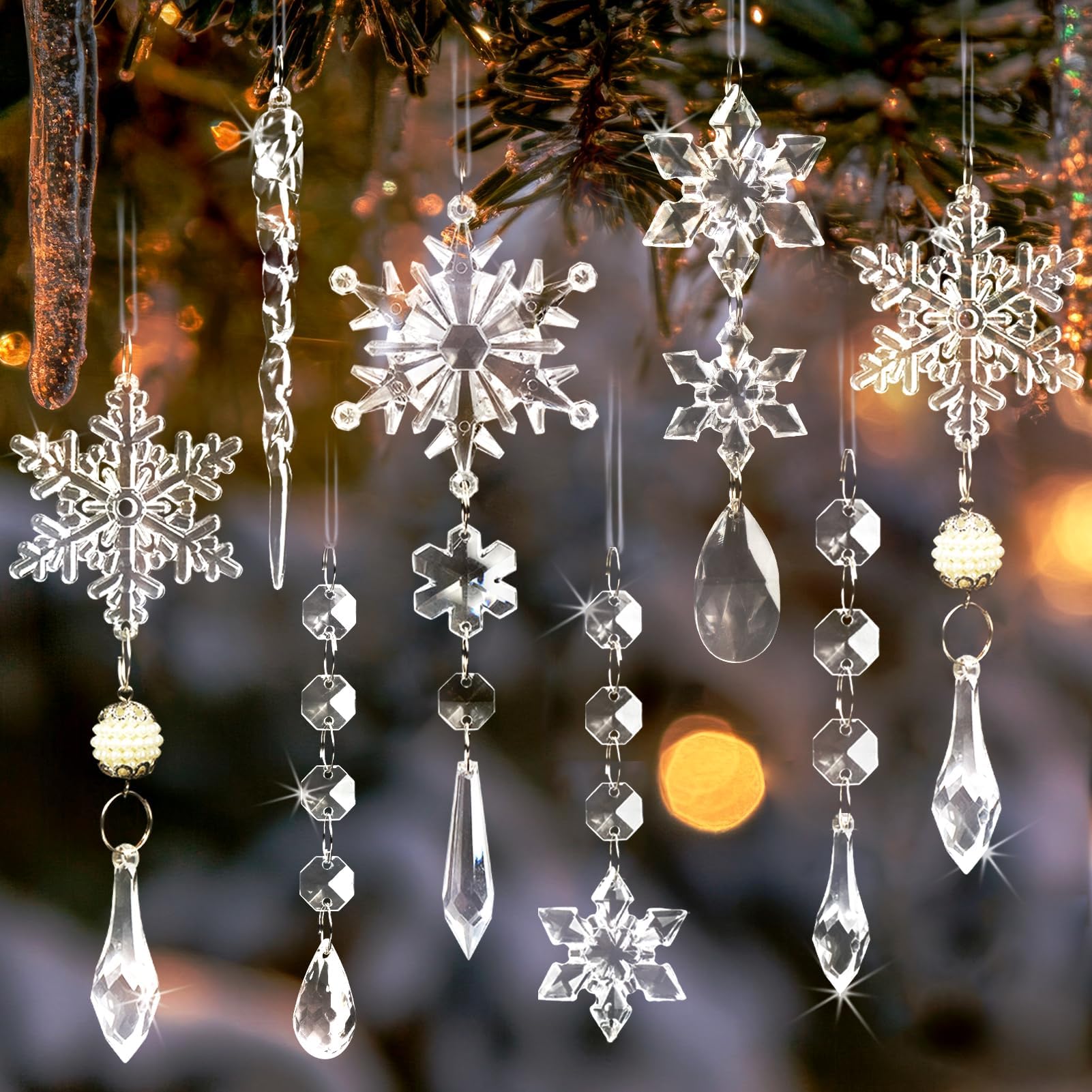 Adornos para árbol de Navidad, 48 Piezas de Copos de Nieve y carámbanos de Nieve, Adornos de Navidad para Fiestas de Invierno o Fiestas de Frozen