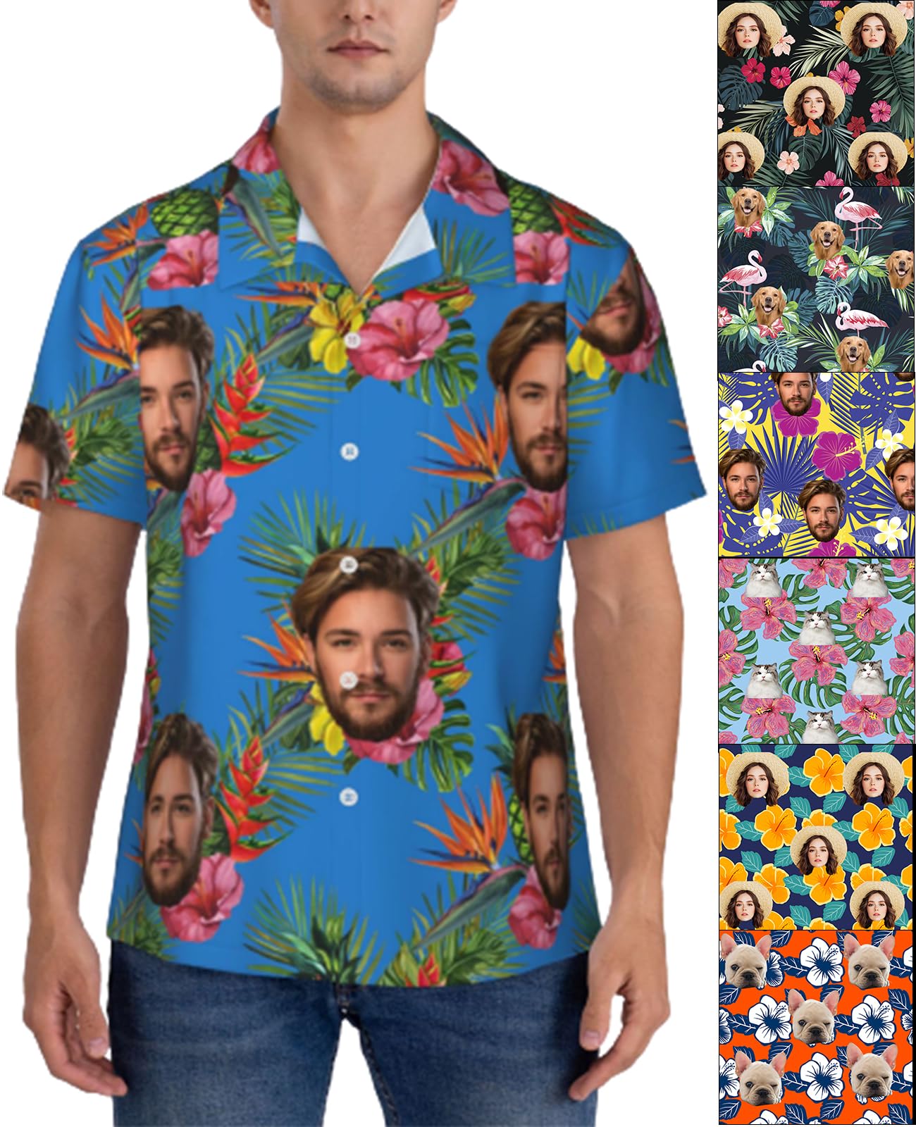 AolunCustom Hawaiian Shirt Face Personalised Shirts for Men Short Sleeve Design Your Own for Boyfriend Husband Father