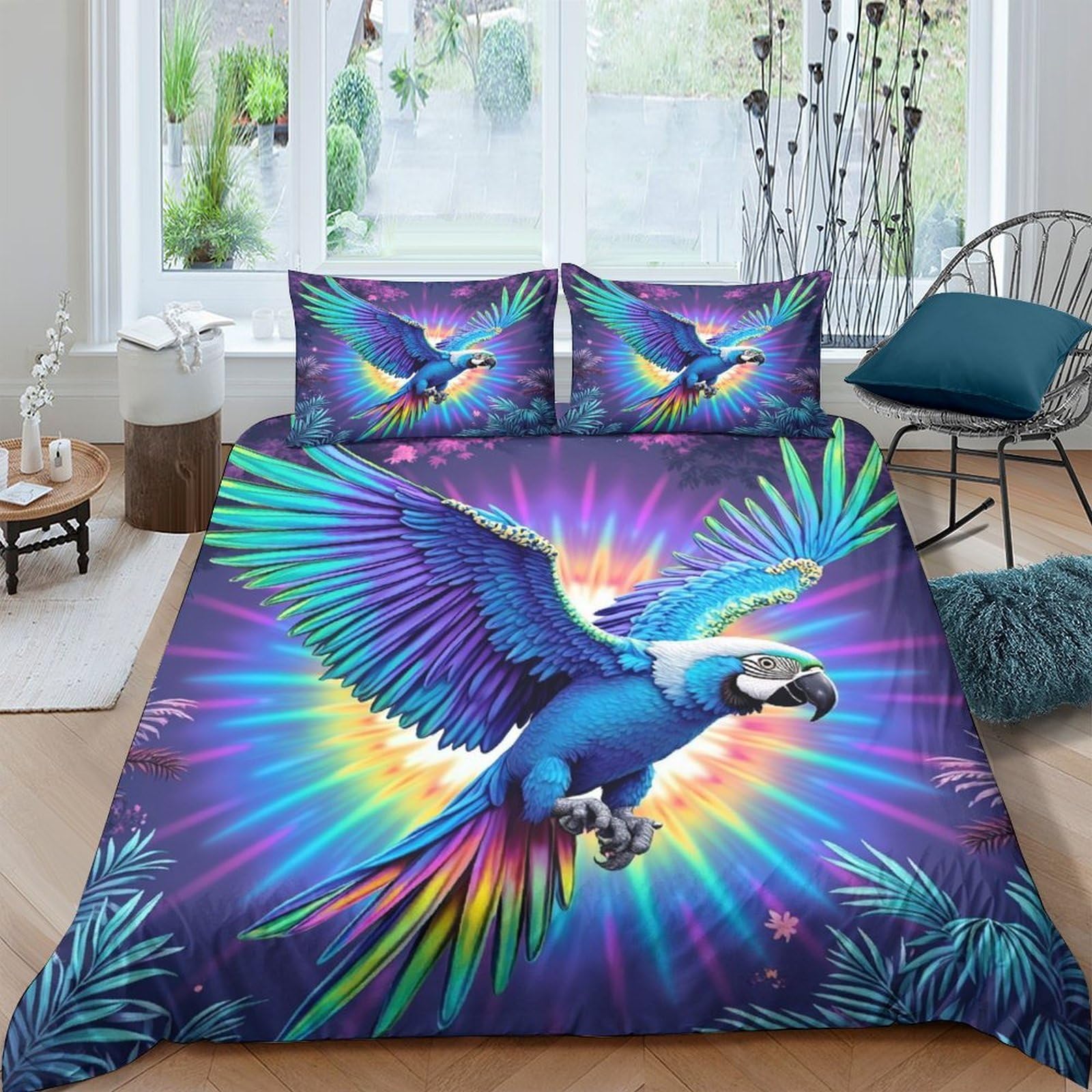 Ctjqhvkz Style-4 3D Printed Blue Parrot Fitted Sheet Microfiber Vibrant Rainbow Bed Cover For Bedroom Dorm Mattress Decor Single（135X200cm）