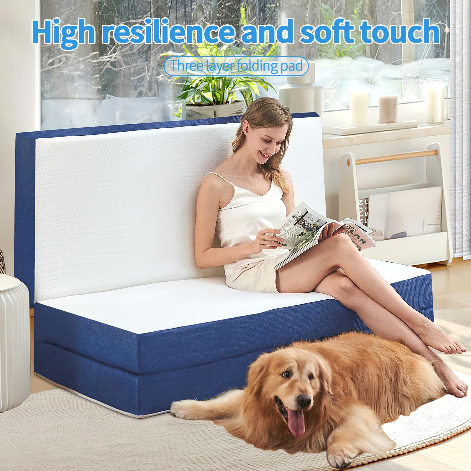 CYMULA Folding Mattress Queen Size, Memory Foam 6 inch Tri Portable Trifold Mattress Futon Topper Queen with Breathable & Washable Cover, Murphy Bed Guest Bed,White,58"x75"x6"