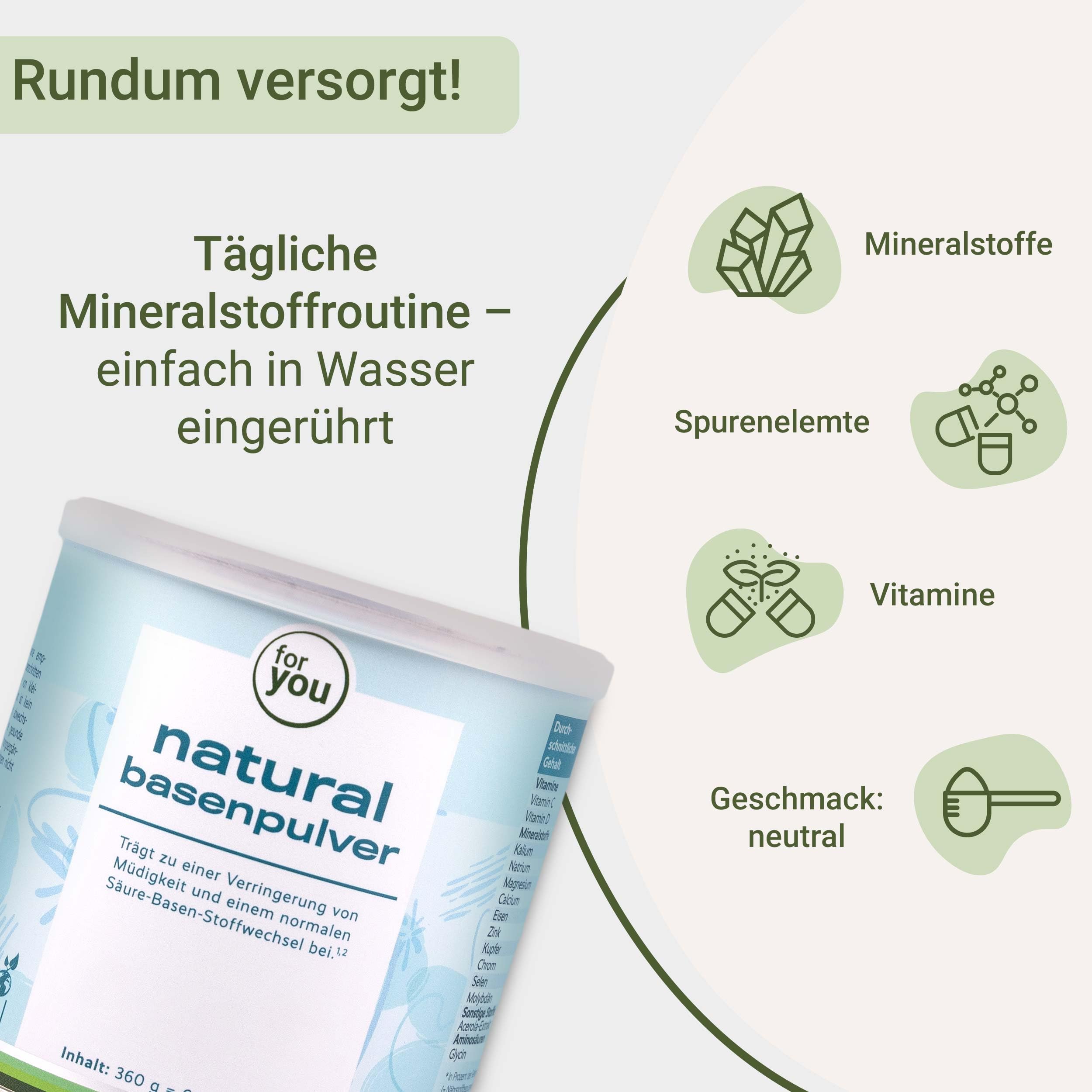 for you natural Basenpulver 360g - Basenpulver gegen Übersäuerung - 60 Portionen Basen Citrat - Mit Kalium, Calcium, Magnesium, Eisen & Zink ideal zum Basenfasten - zuckerfrei