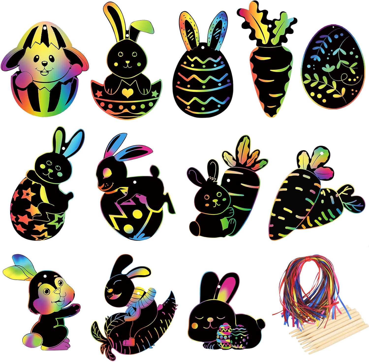 LANMOK [108pcs] Bunny Scratch Art Paper 48pcs Rainbow Rabbit Scratch