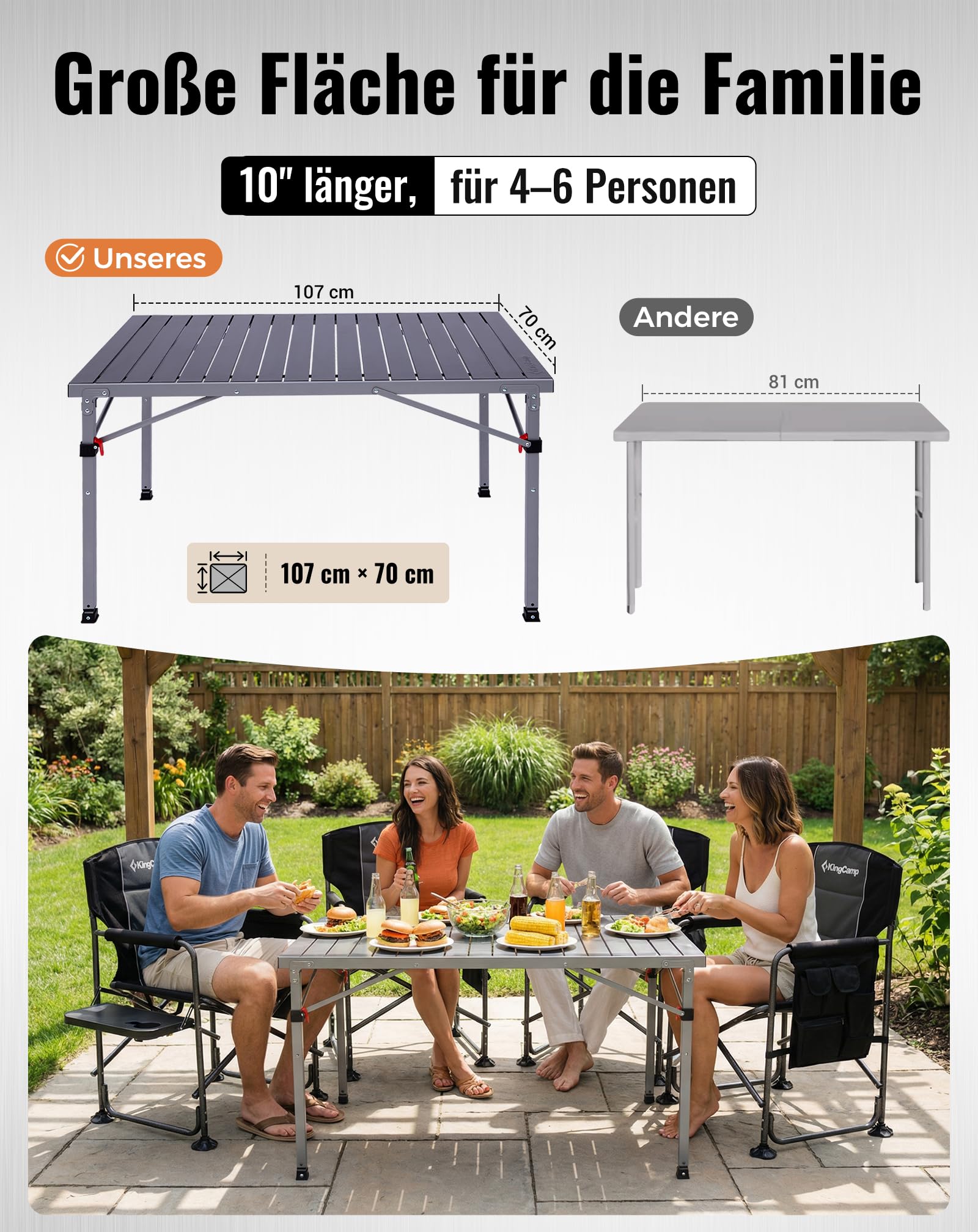 KingCamp Campingtisch Klappbar, bis 120 kg,60/70/80cm Höhenverstellbar | Aluminium Roll-Up Tischplatte,Schneller Auf- und Abbau,Kompakt, Robust,Langlebig,Leicht,für Outdoor,Picknick,107x70cm