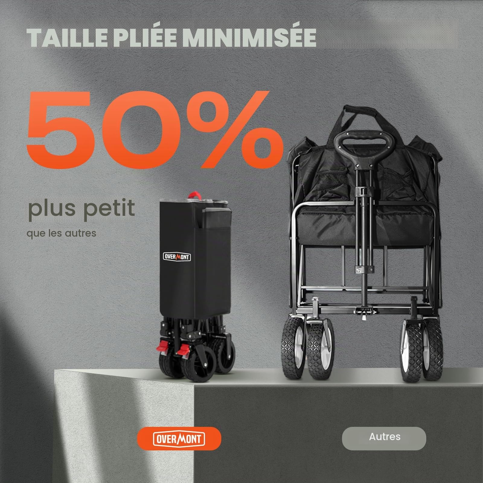 Overmont Chariot à Main Pliable avec Frein de Roue Avant Amovible - Roues Larges - Poche latérale - Porte-gobelet - Poignée réglable - Capacité : 150 I - Capacité de Charge jusqu'à 120 kg