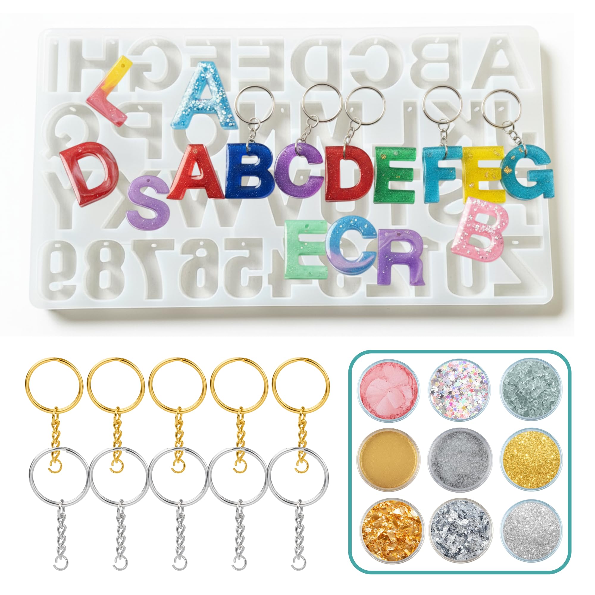 Craftables Alphabet & Number Silicone Mould for Resin Art | DIY Letter & Number Keychain Making Kit with Key Rings & Decorations (Resin NOT Included)-image-17