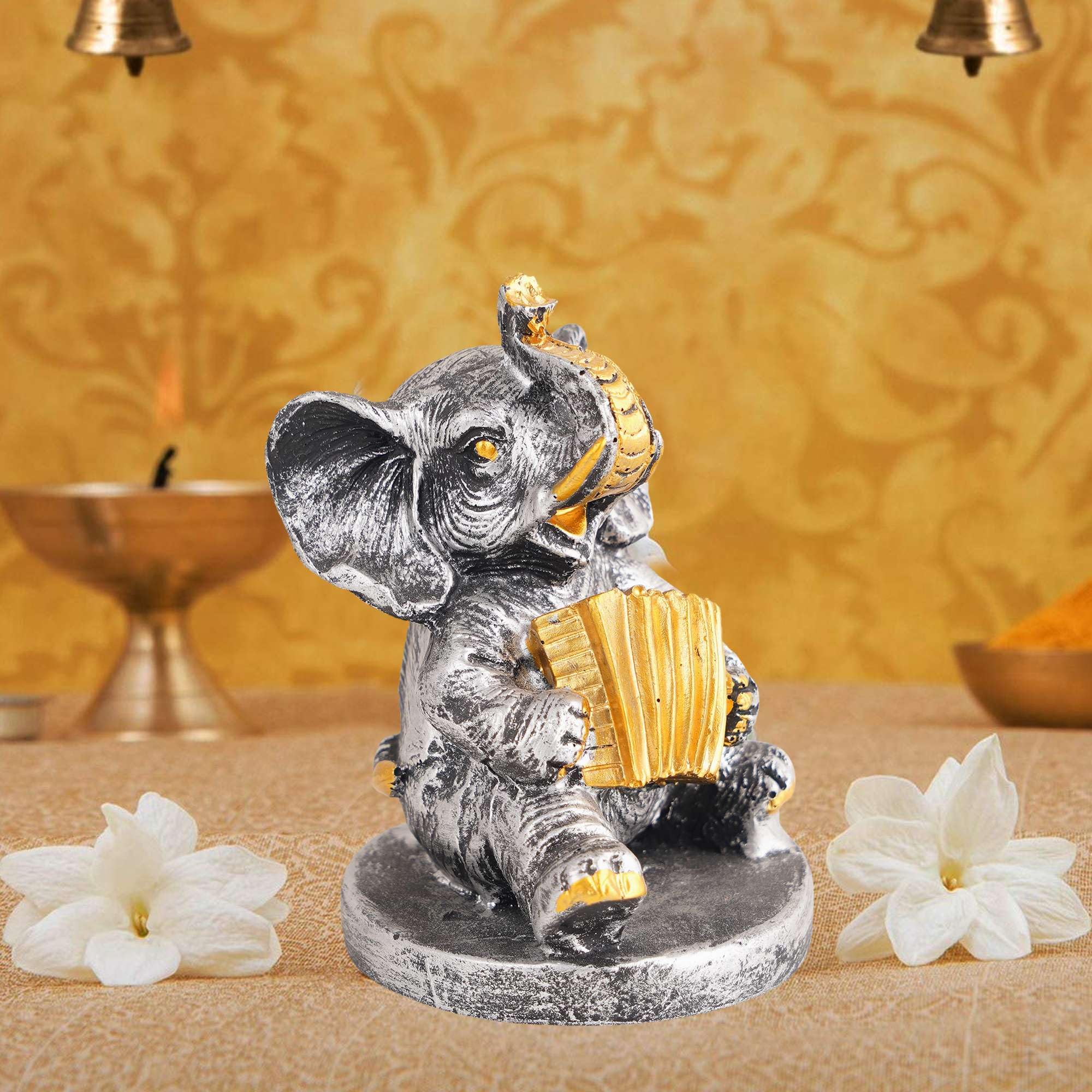 shri laxmi Traders Resin Elephant Playing Musical Instrument Showpiece for Home Décor Living Room Bedroom Table Top -4, Medium, ANIMAL-SHOWPIECE-27