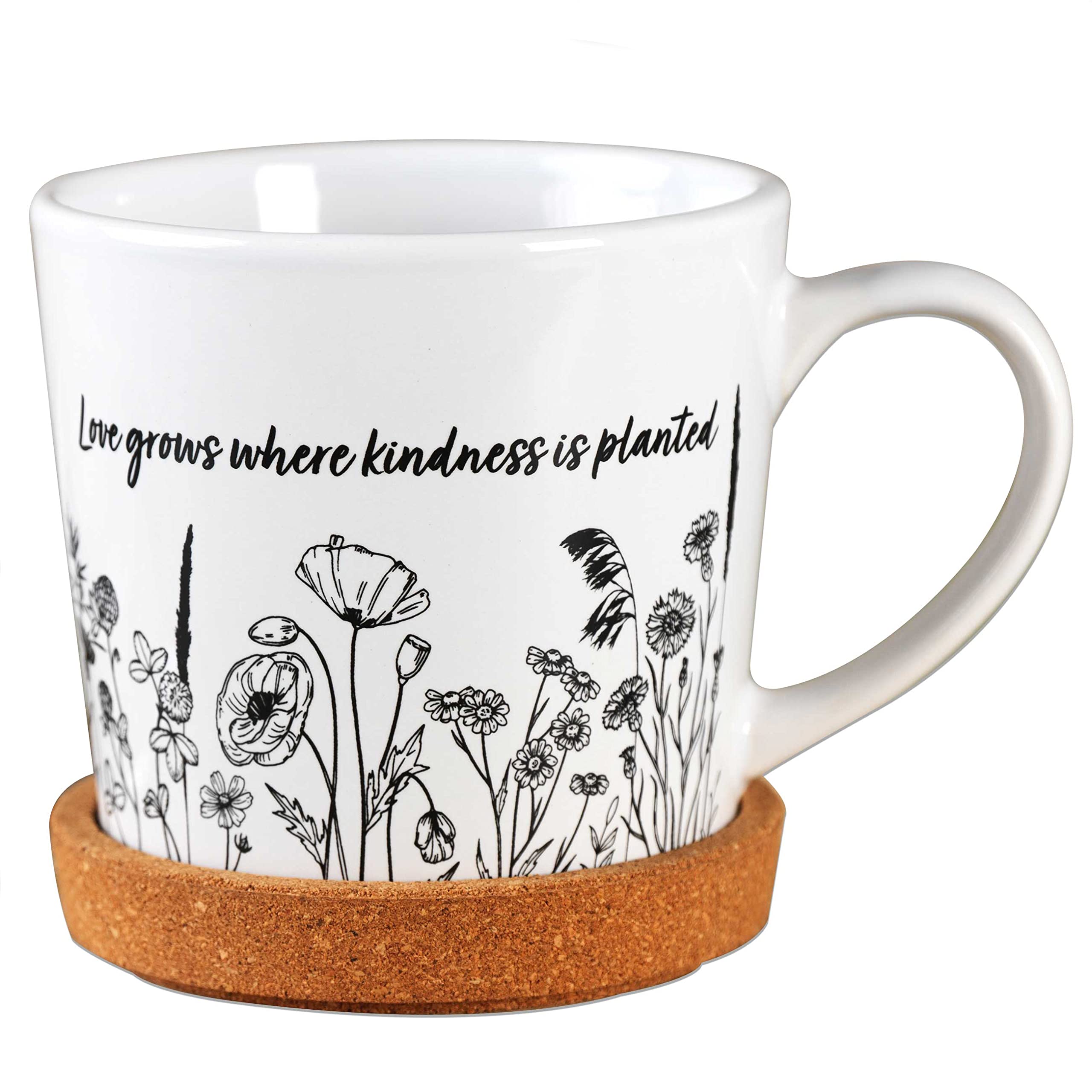 Papierdrachen Hochwertige Tasse aus Keramik mit passendem Kork Untersetzer - Tischdeko - Kaffeetisch - Kaffeetasse - Love grows where kindness is planted - für Kaffee, Tee und mehr