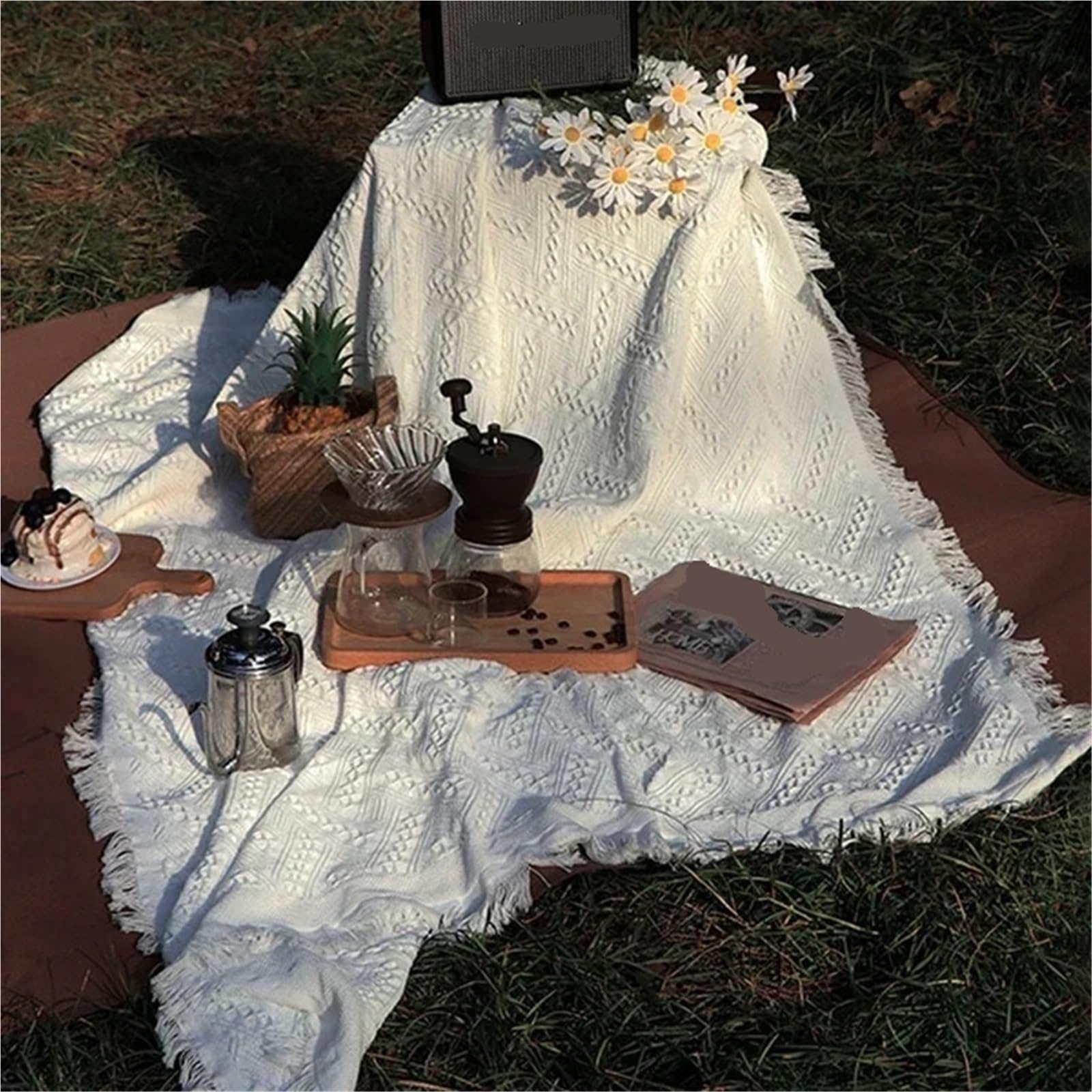 Couverture de pique-nique tricotée, tapis de pique-nique portable, voyage, randonnée, nappe, tapis doux, couverture de canapé, couverture d'extérieur pour jardin (180 x 300 cm) (blanc 180 x 180 cm (ca