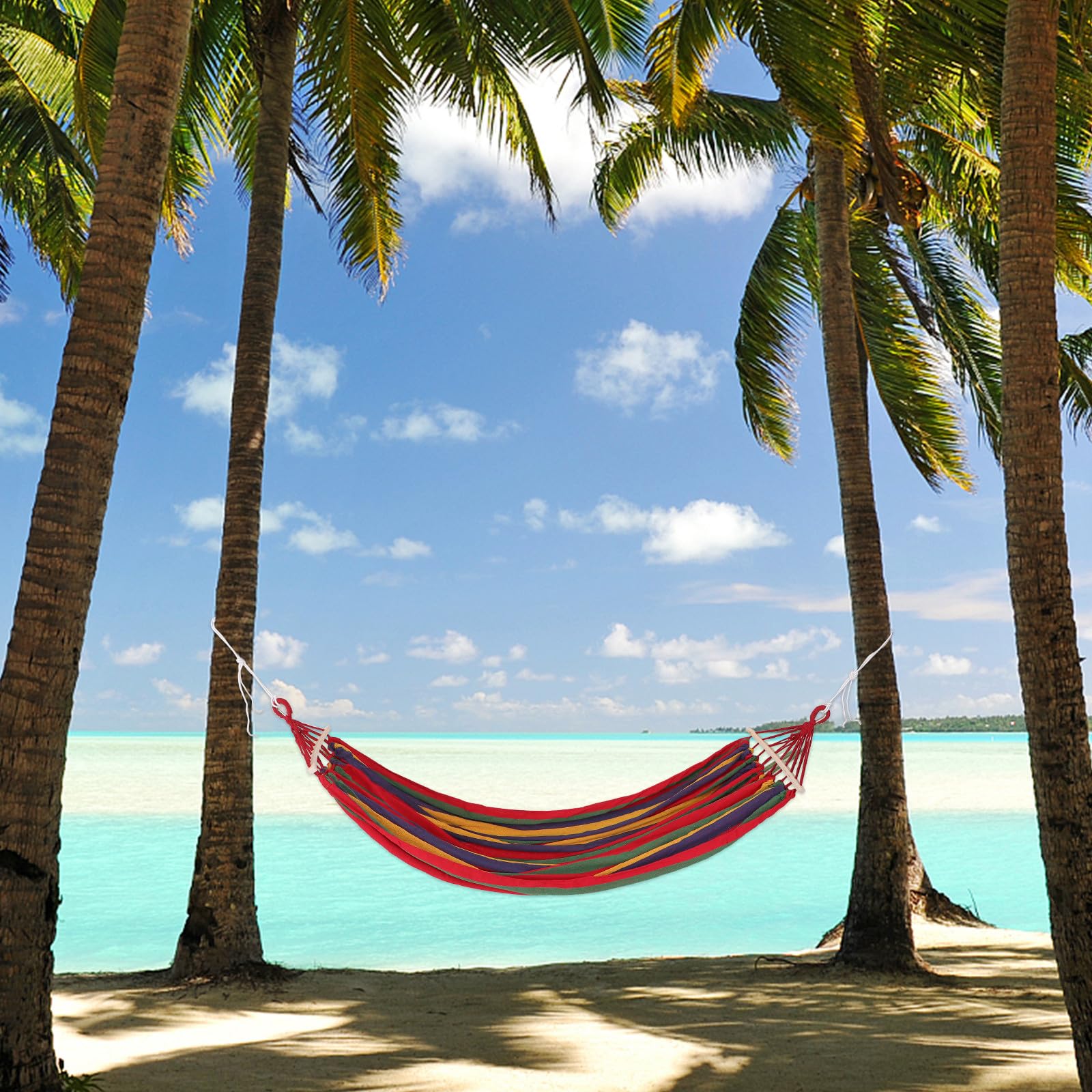 POPETPOP Hamac Anti-Roulis Double Largeur en Toile Rayée avec Boucles Rouges Hamac de Jardin Plage Portable et Léger pour Randonnée Terrasse et Camping
