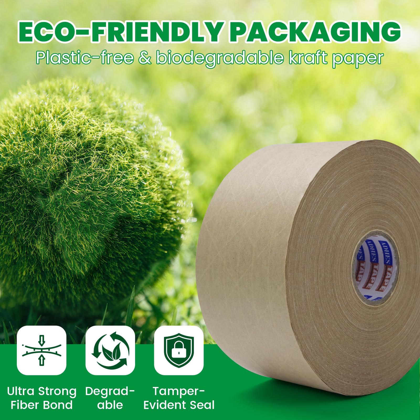 Adhes 4 Rotoli Di Nastro Adesivo In Carta Kraft A Base D'Acqua, Marrone Nastro Adesivo Per Imballaggio Attivato Ad Acqua, 72 Mm X 100 M, Biodegradabile