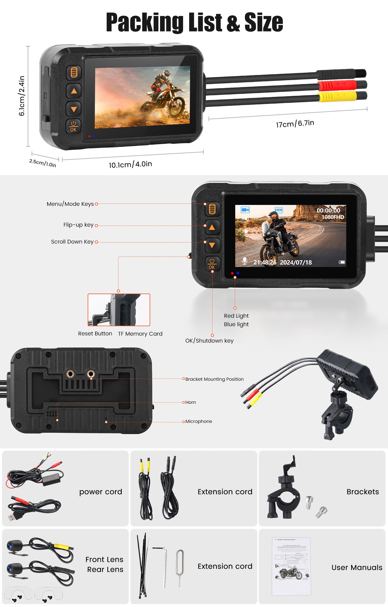 CAMECHO Moto Dash CAM Pantalla de 3 Pulgadas, IP67 Impermeable, Doble Cámara Gran Angular 120 Grados, Cámara para Moto de 90 Grados con HDR, Sensor G, Grabación en Bucle