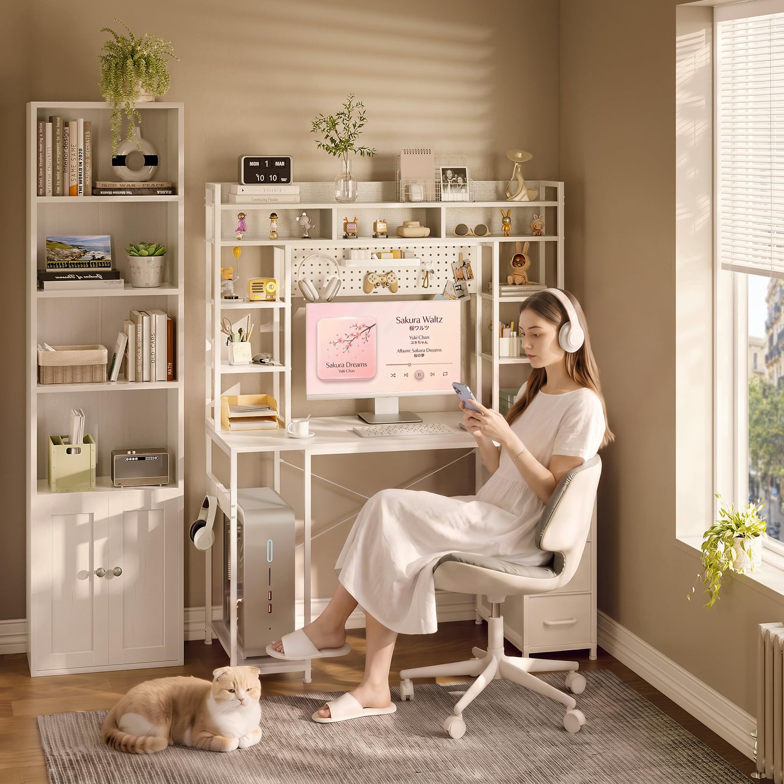 Coleshome Biurko z Panelem Perforowanym i Półką, 120 x 50 cm, Biurko Komputerowe z 4 Szufladami z Tkaniny, do Pokoju, Pracy Zdalnej, Nauki i Gier