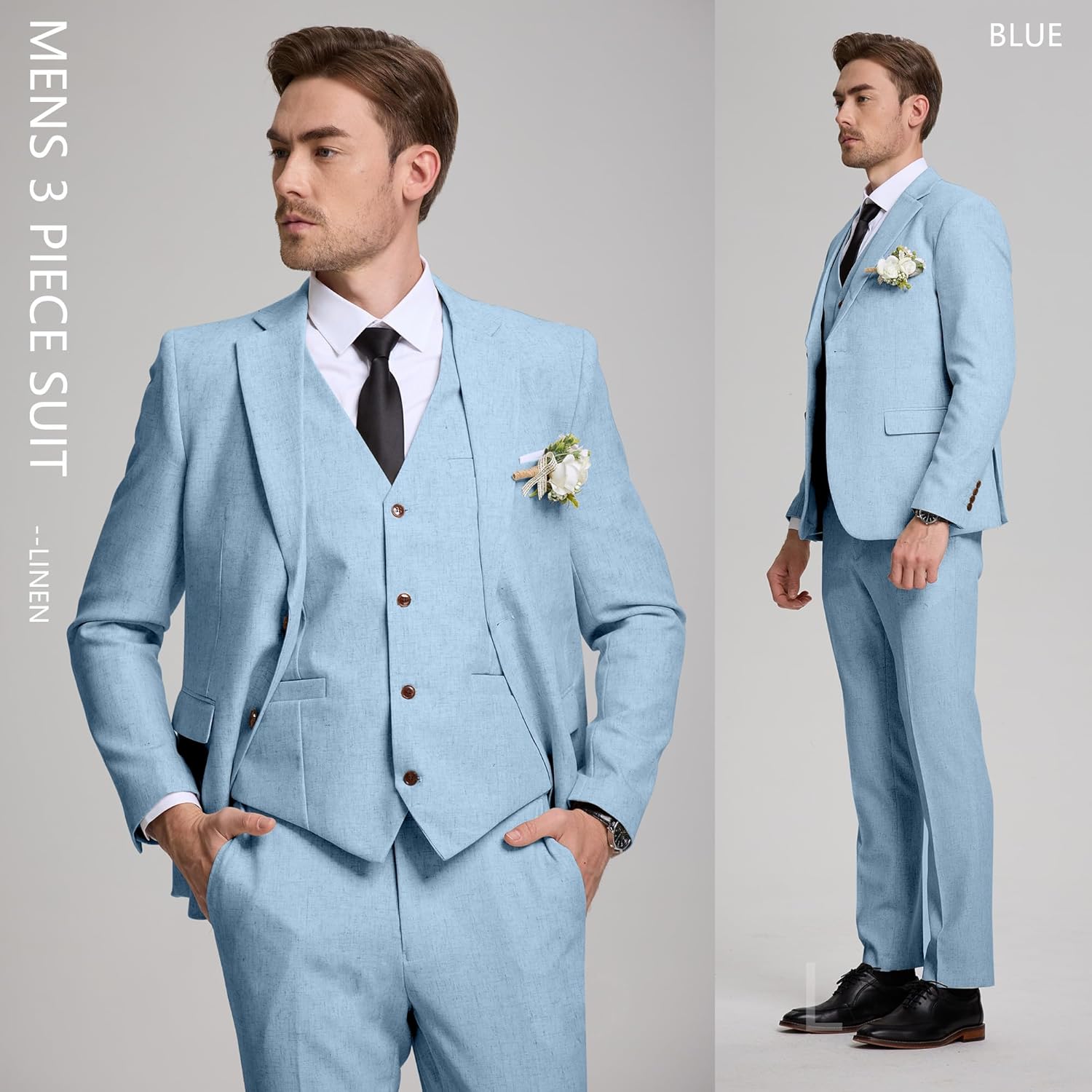 Linen Mens Suits 3 Piece Slim Fit Tuxedo Suit for Men Beach Wedding Formal Business Suit Groom Prom Set Outfits - Image 2