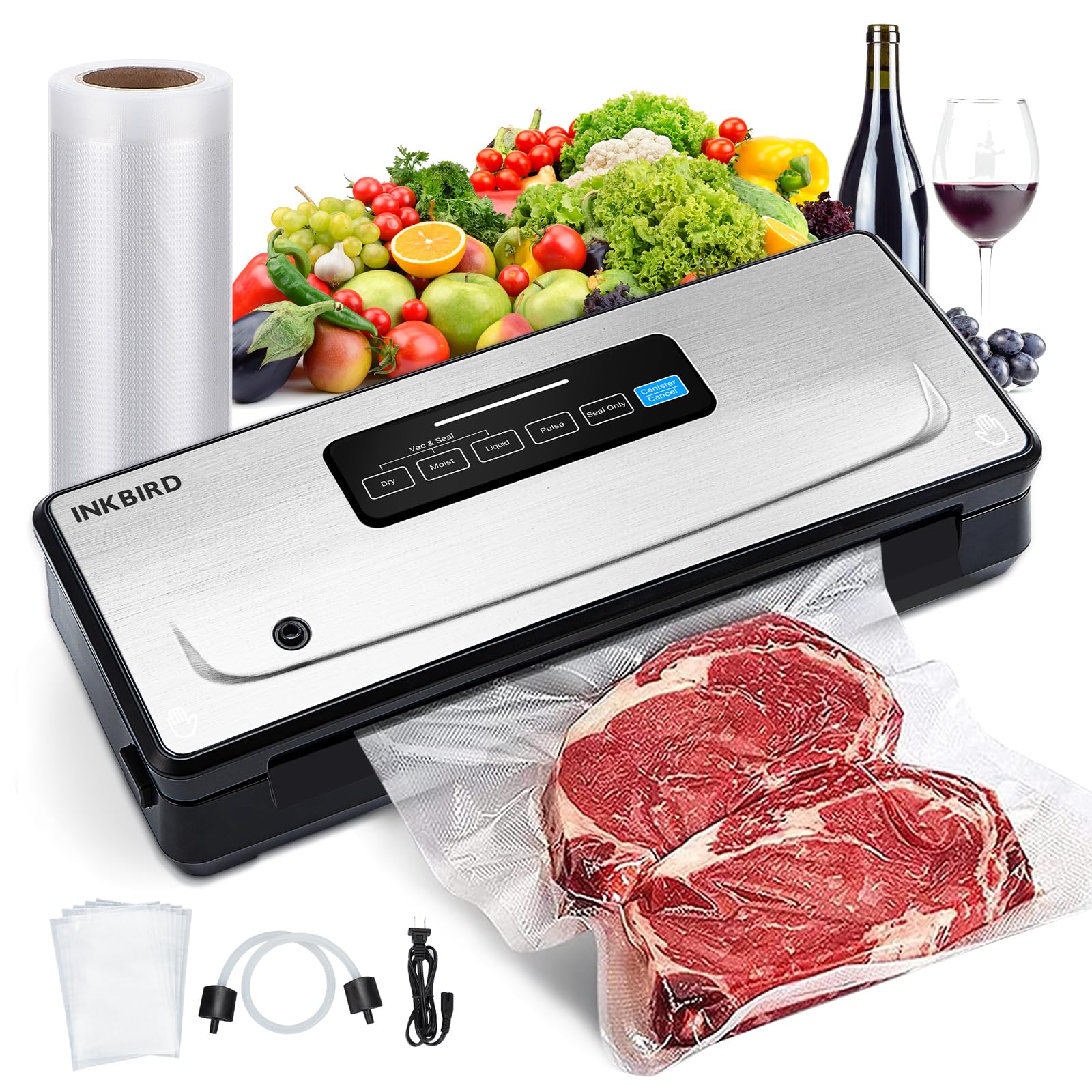 INKBIRD INK-VS02 Macchina Sottovuoto Alimenti 85kPa Efficiente, 5 Modalità | secco/umido/impulsi/sigillato/vuoto esterno, -85 kpa aspirazione, 200 sigillature, anti-surchauffe, silenzioso, taglierina