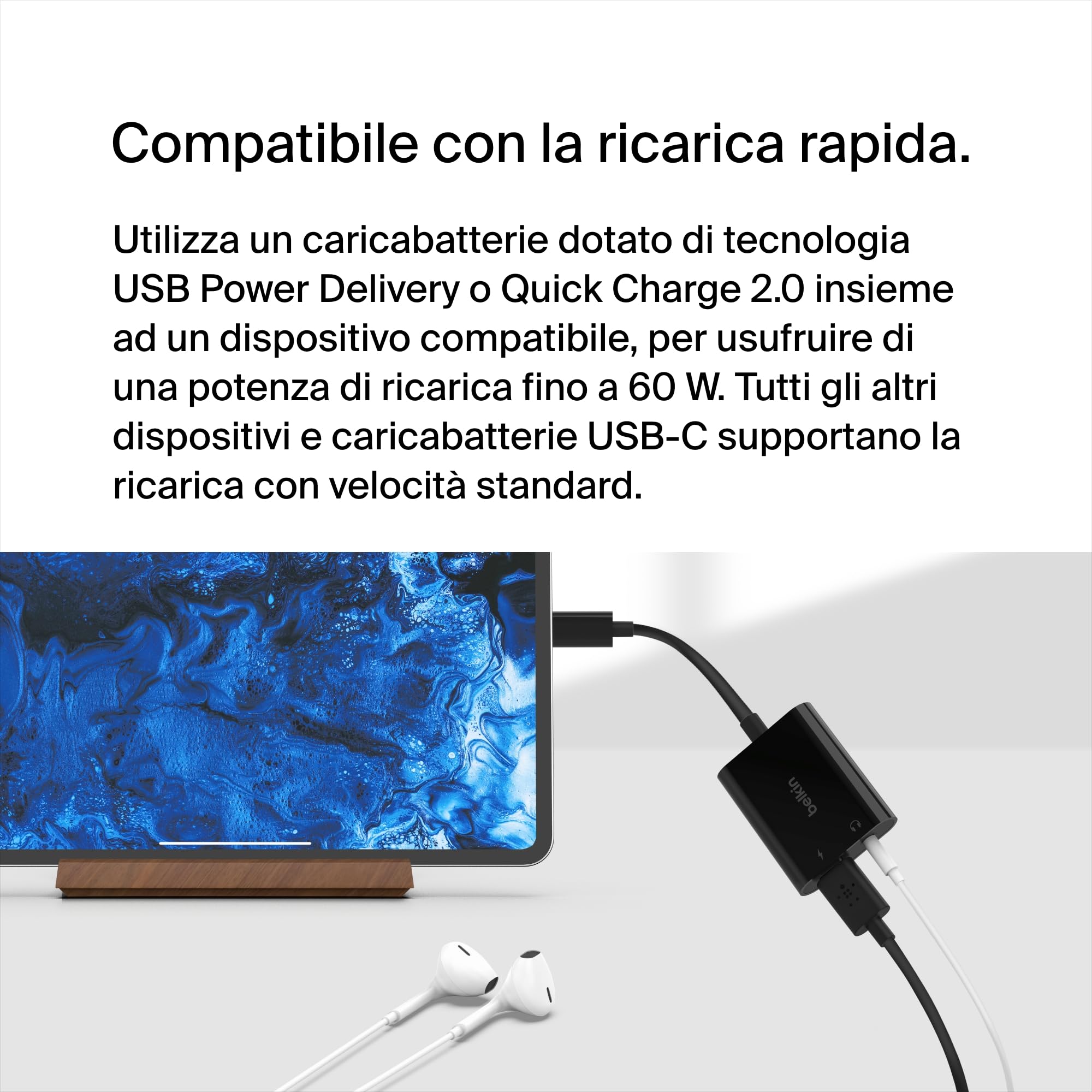 Belkin RockStar Adattatore Audio da 3.5 mm + Ricarica USB-C, Convertitore Audio USB-C Compatibile con iPad Pro 12.9'', 11, Galaxy, Pixel, OnePlus e Altri