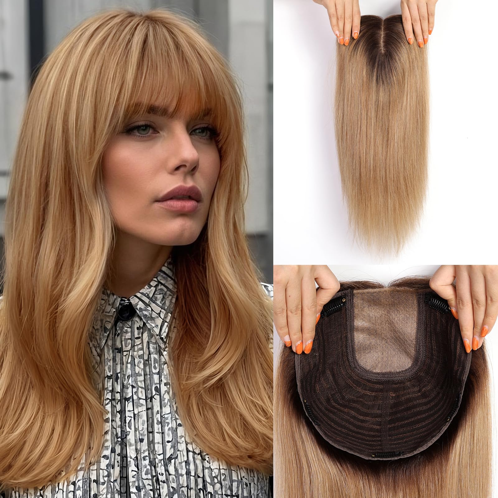 starluck 16 inch Hair Toppers for Women 7"*8" Large Base Ombre Ash Blonde Real Human Hair Topper with Bangs Hair Toppers for Women with ThinningHair