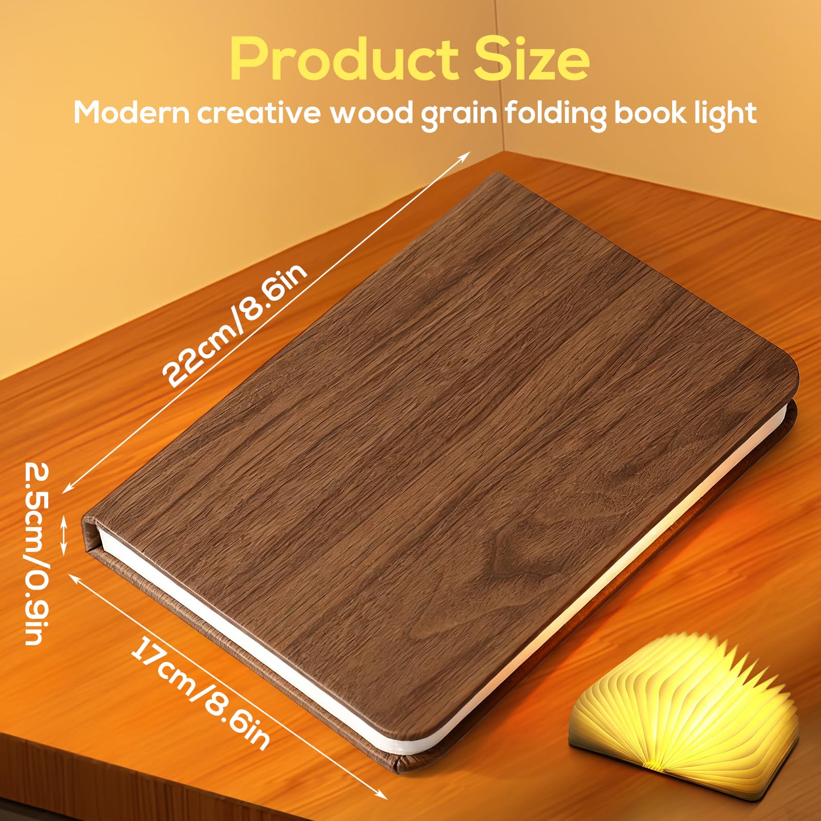 Lampada da libro pieghevole in legno, lampada da libro pieghevole a 360°, lampada da libro in legno con 3 colori, pieghevole Magnetiche per libri USB, ricaricabile a batteria, per camera da letto e
