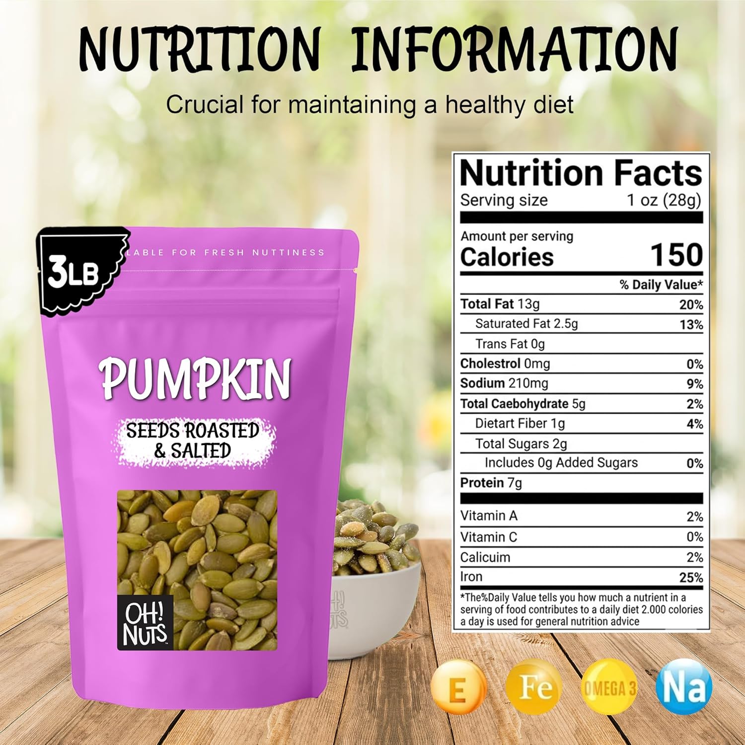 Oh! Nuts Pumpkin Seeds - Roasted Salted - 3 lb - No Shell Pepitas - Packed in New York Zip-Seal Bag for Exceptional Freshness