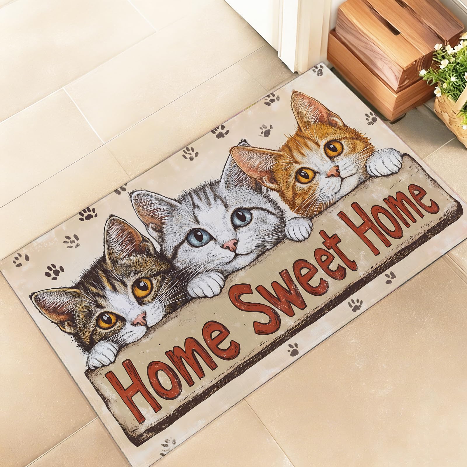 amepay Home Sweet Home Cat Indoor Door Mat – Stylish 17x29.5in Non-Woven Fabric Floor Doormat with Cute Kitten Design, for Porch Insider,Bedroom,