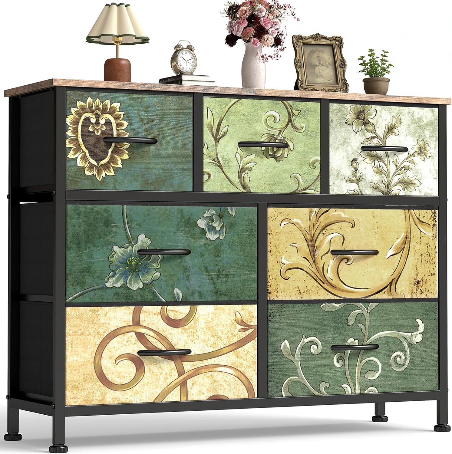OLIXIS 7 Drawer Dresser with Wood Top Fabric Storage Tower for Bedroom Living Room Hallway Entryway Organizer, Floral Painted