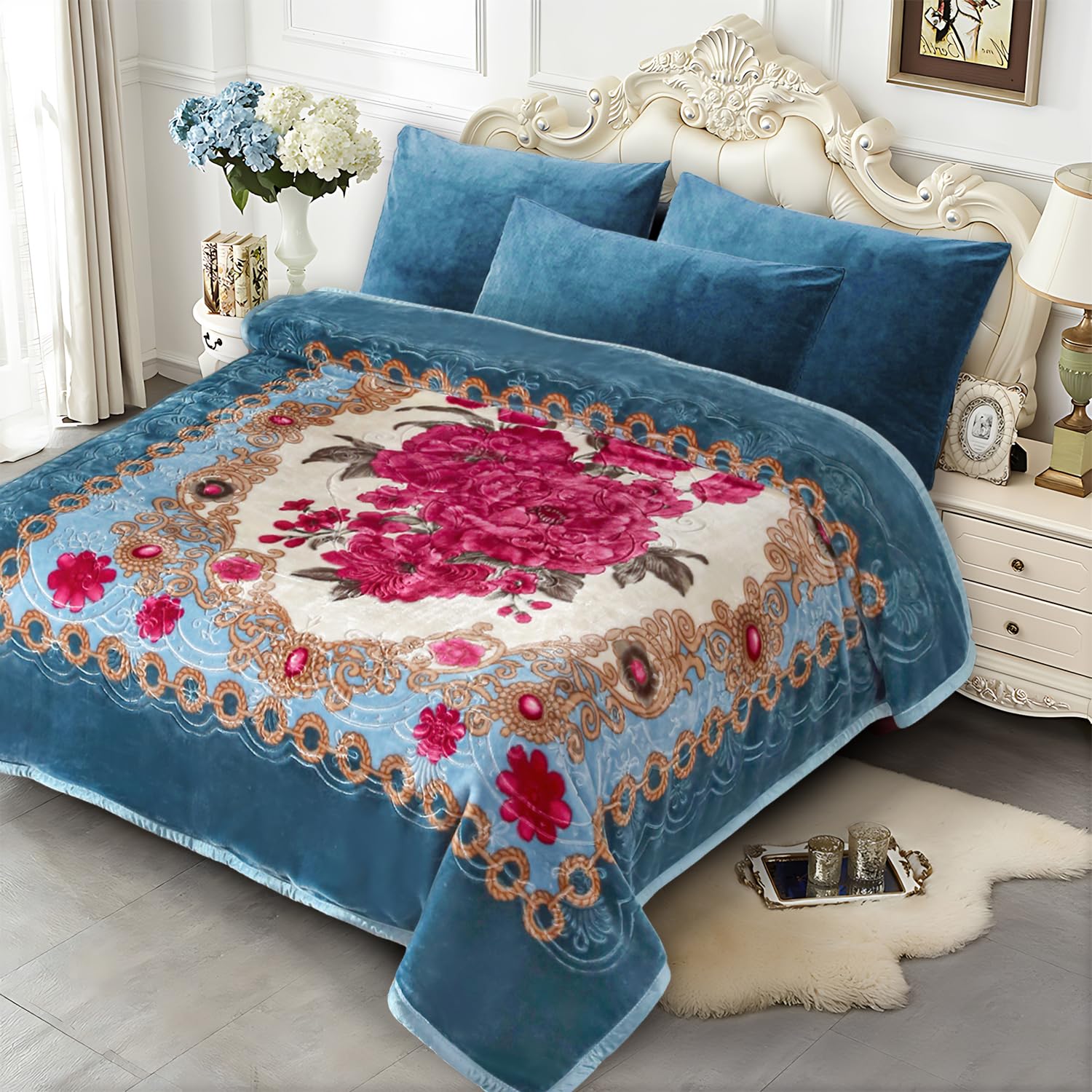 JYK Korean Mink Fleece Flannel Blanket Queen Size 75" x 87", 5 Pounds - 2 Ply Reversible Silky Soft Plush Warm, Comfy Blanket for Autumn, Winter - Blue/Peony