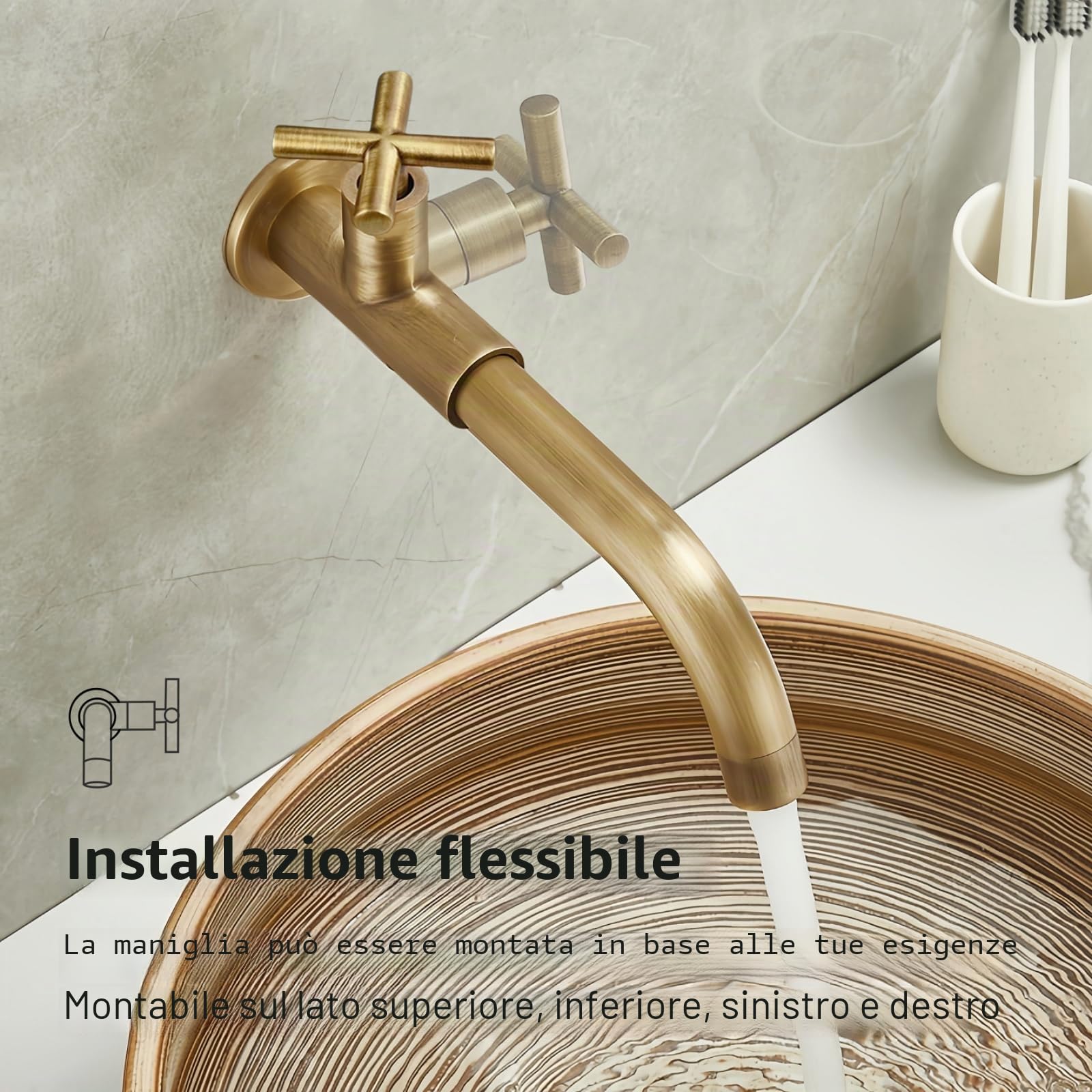 Rubinetto a Parete Acqua Fredda in Ottone Anticato, 23CM | Retrò rubinetto monocomando lavello a muro lungo, girevole a 360°, cartuccia ceramica, per giardino, esterno, bagno, cucina