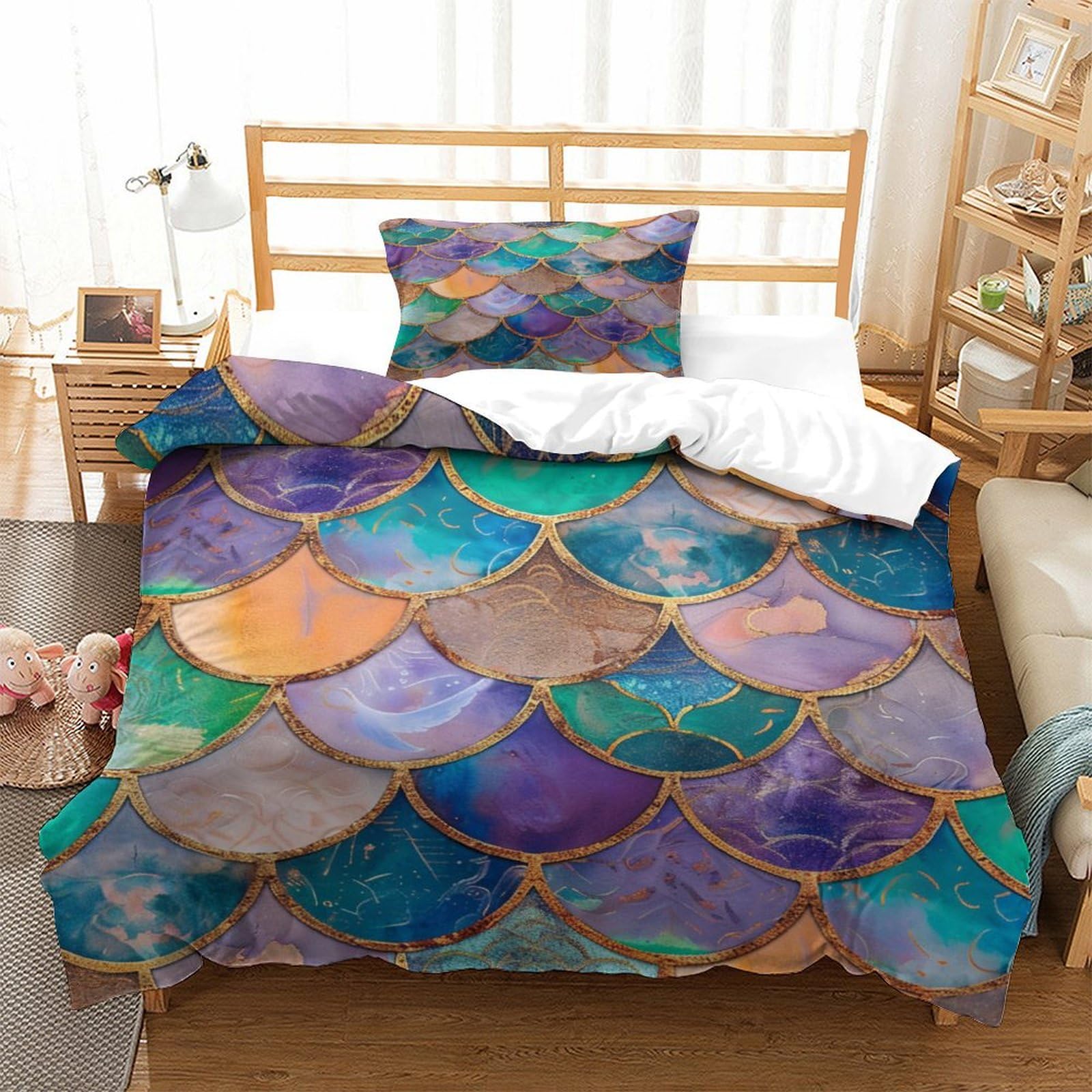 P1S9U7W5Y Ombre Mosaic 3D Printed Duvet Cover Set 3pcs Soft Microfiber Rainbow Scale Bedding Set Single（135x200cm）