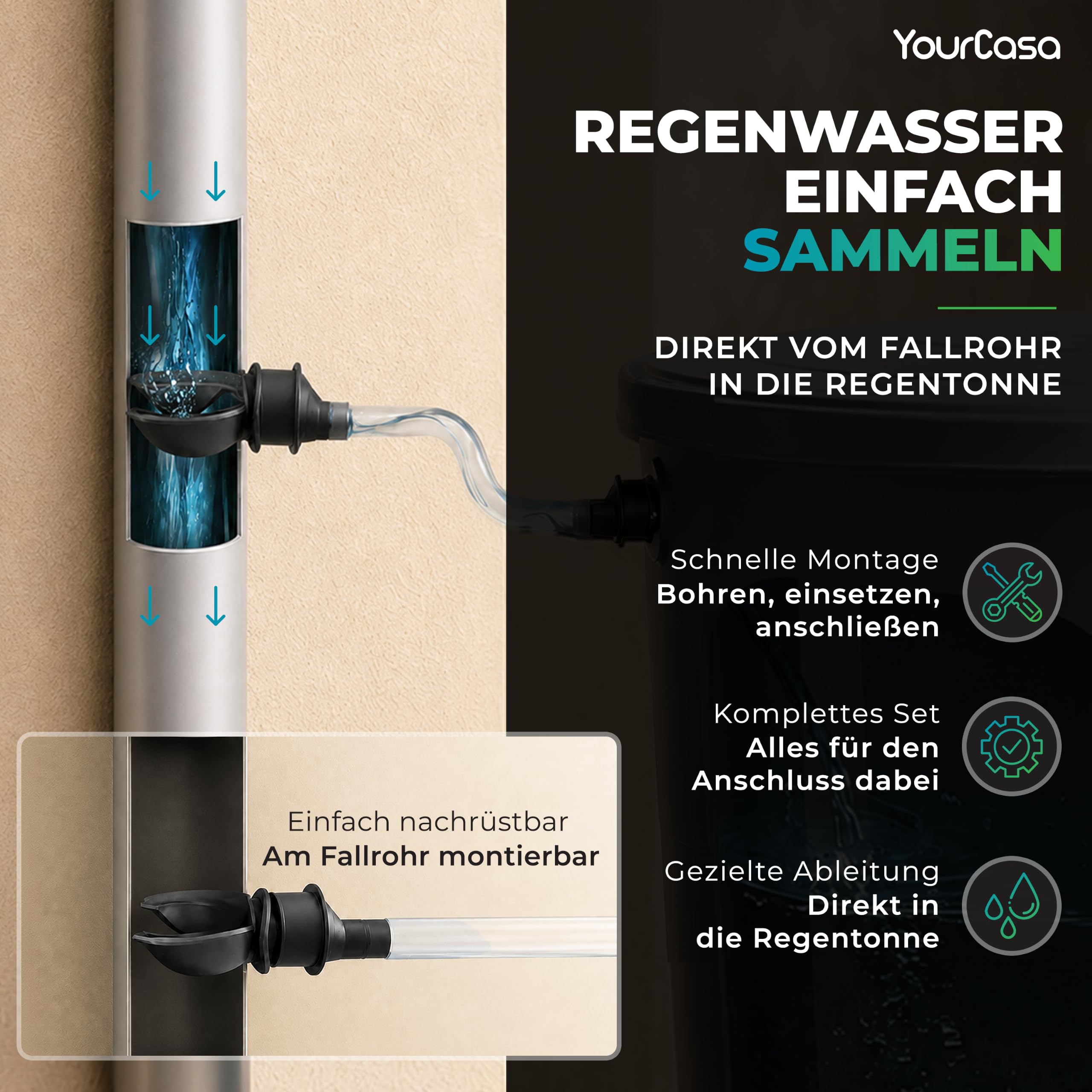 YourCasa Regentonne 200 Liter [inkl. Anschlusset & Bohrer] Regenfass Wetterfest aus Kunststoff mit Wasserhahn - Regenwassertonne - Wasserfass Regenwassertank Wassertonne für Garten (Anthrazit, 200L)