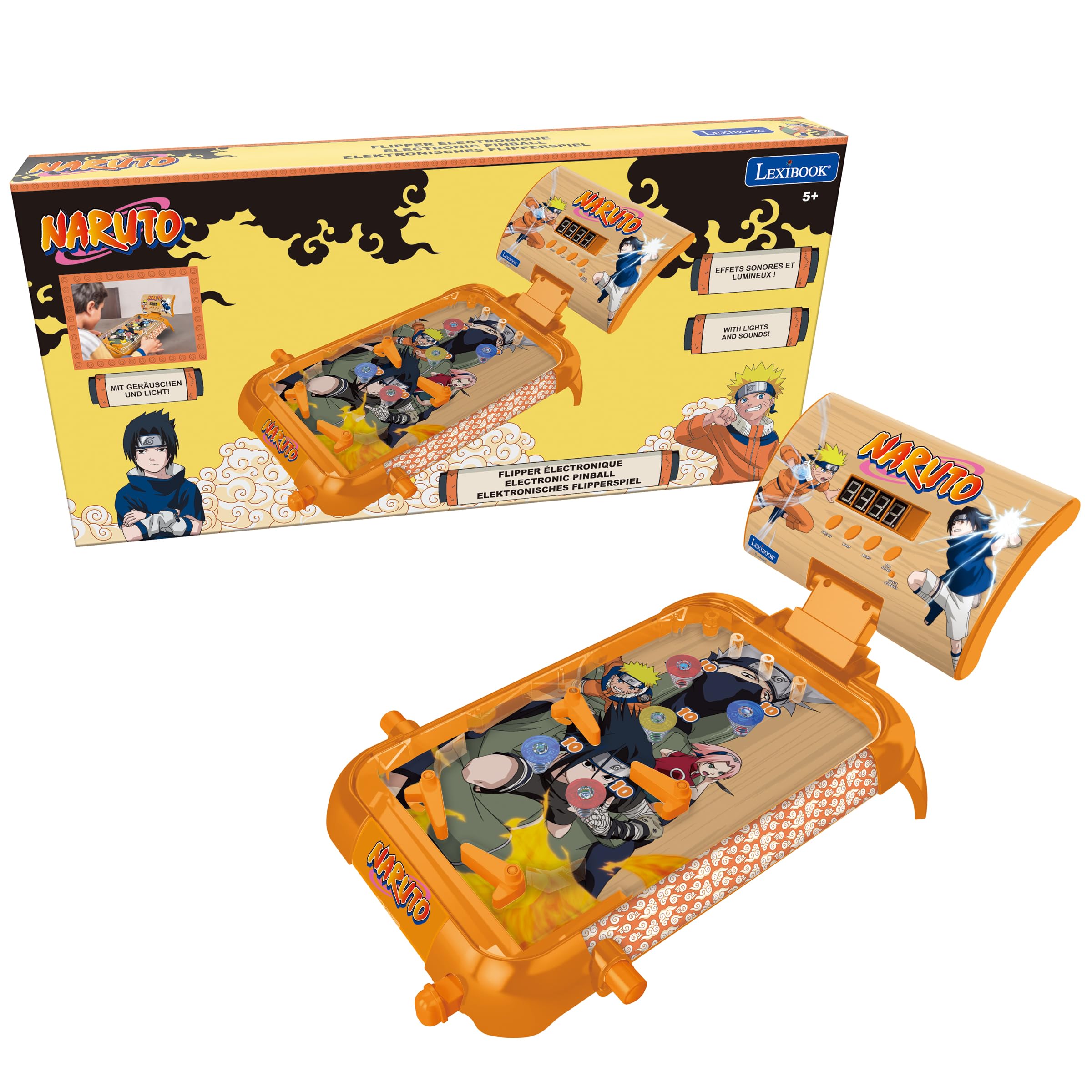 LEXIBOOK, Naruto, Electronic table pinball, Action and reflex game for children and families, LCD screen, light and sound effects, Orange, JG610NALXB