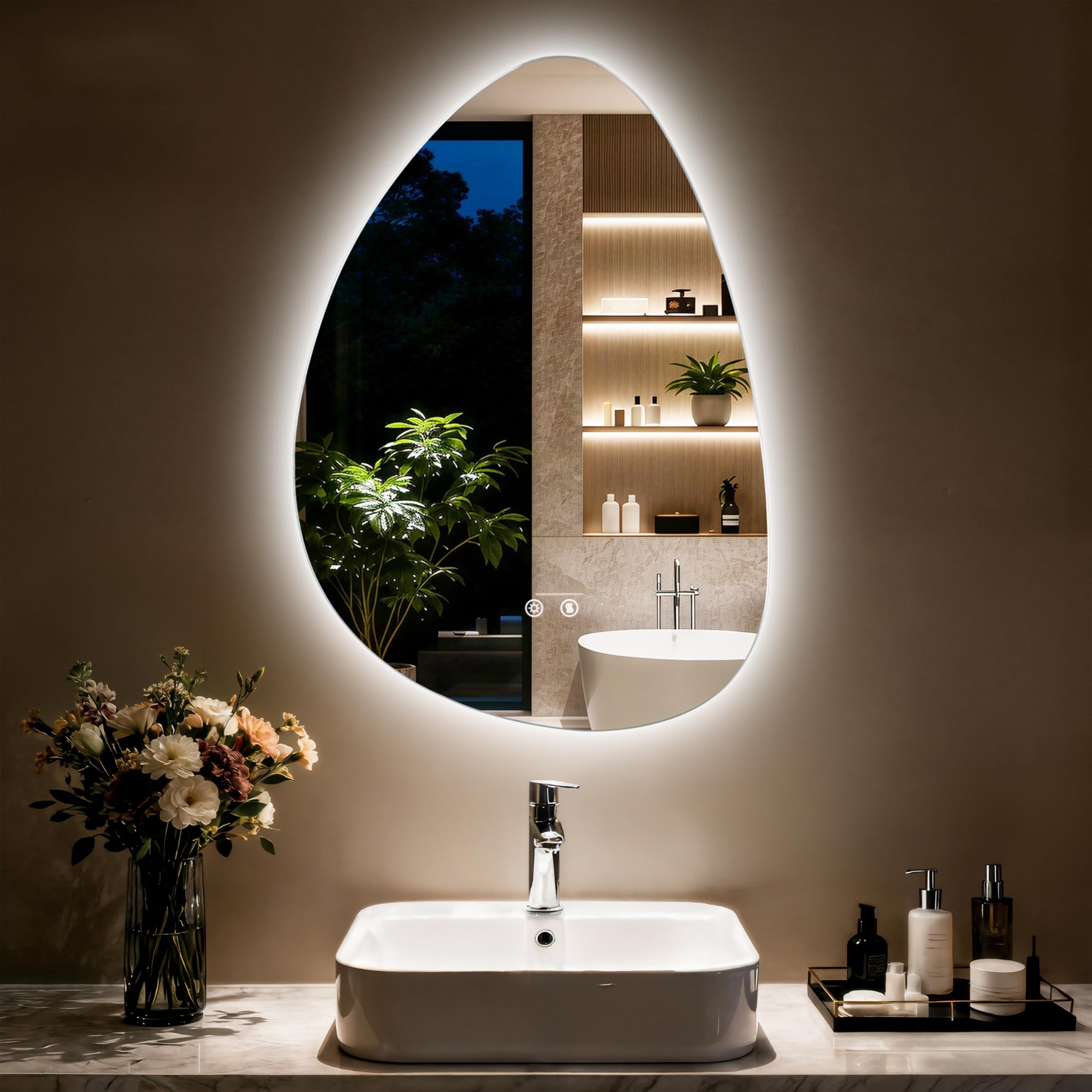 LUVODI Bathroom Mirror with LED Lights: 550x770mm Asymmetrical Wall Mirror with Dimmable 3 Colour Temperatures, Anti-fog, IP56 Rated, Irregular Pebble Shape