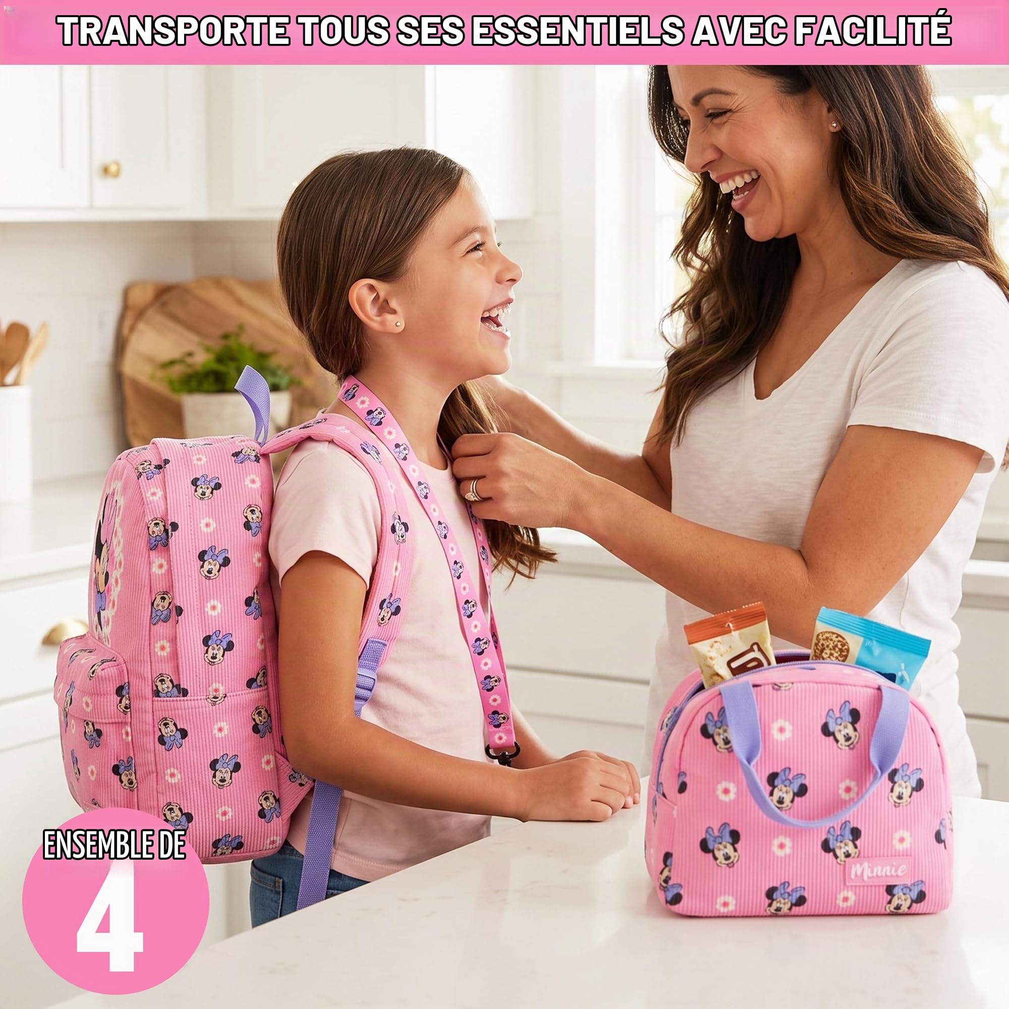 Get Trend Minnie Mouse Sac a Dos Fille Set, 4 Pcs Cartable, Sac Isotherme Repas, Trousse Scolaire et Porte Badge Tour de Cou Courroie (Rose/Multi Minnie Mouse)