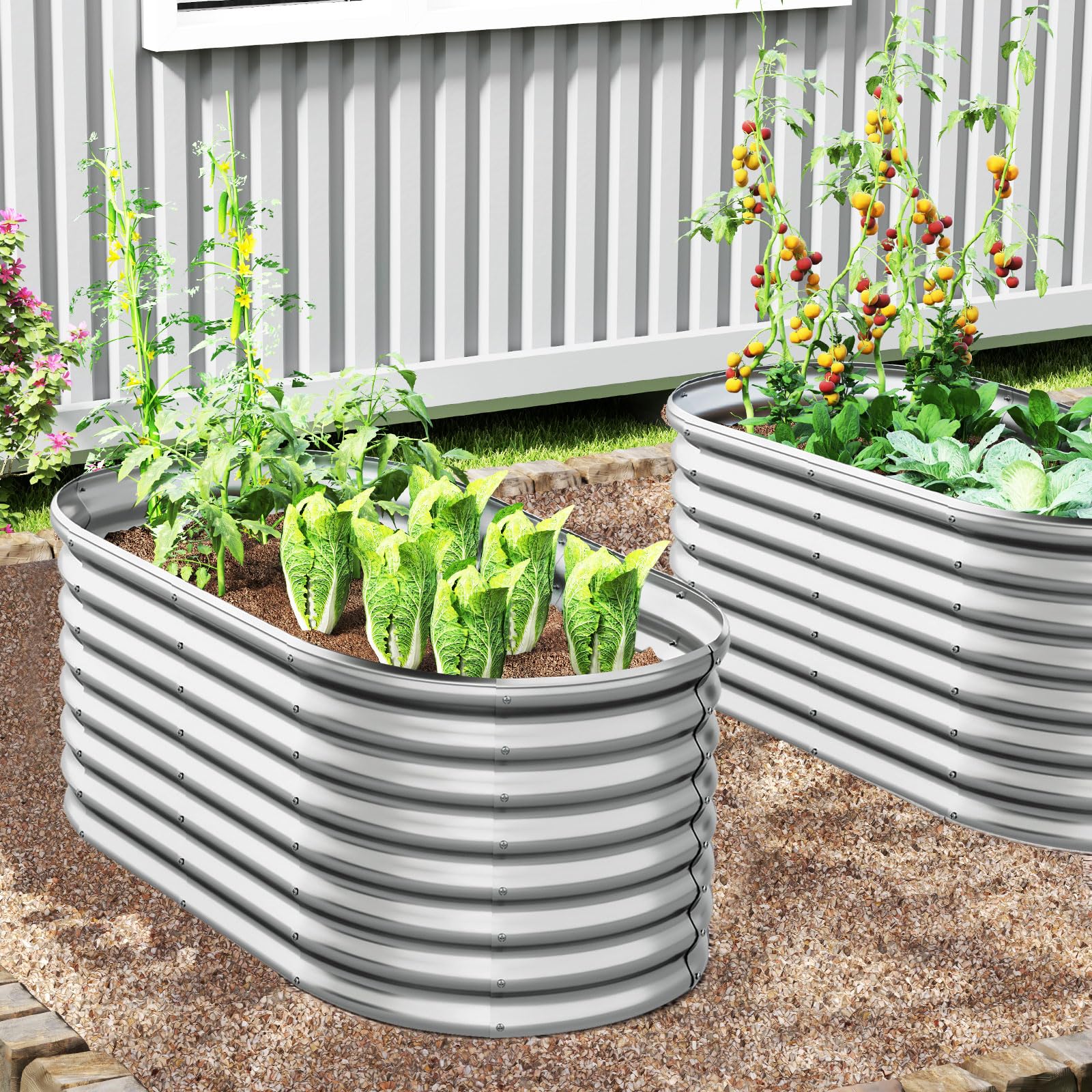 COSTWAY Hochbeet Metall Oval, Pflanzkasten für Garten, 165 x 80 x 60 cm, Frühbeet mit offenem Boden, Wellblech, Blumenbeet wetterfest, Pflanzentrog für Gemüse Blumen Kräuter (Silber)