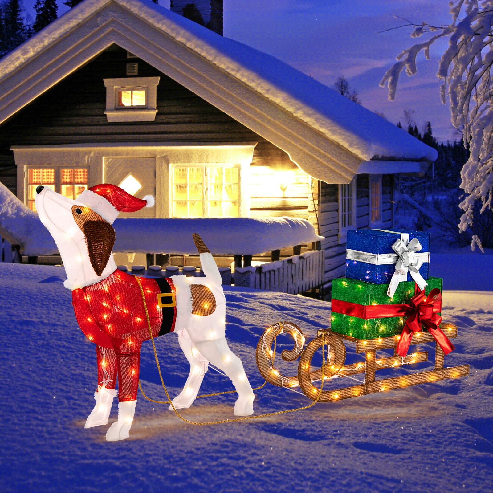 SOARS Decorazione Natalizio cane con slitta, statuetta con cappelli di Babbo Natale e costumi, illuminazione con 170 luci LED calde