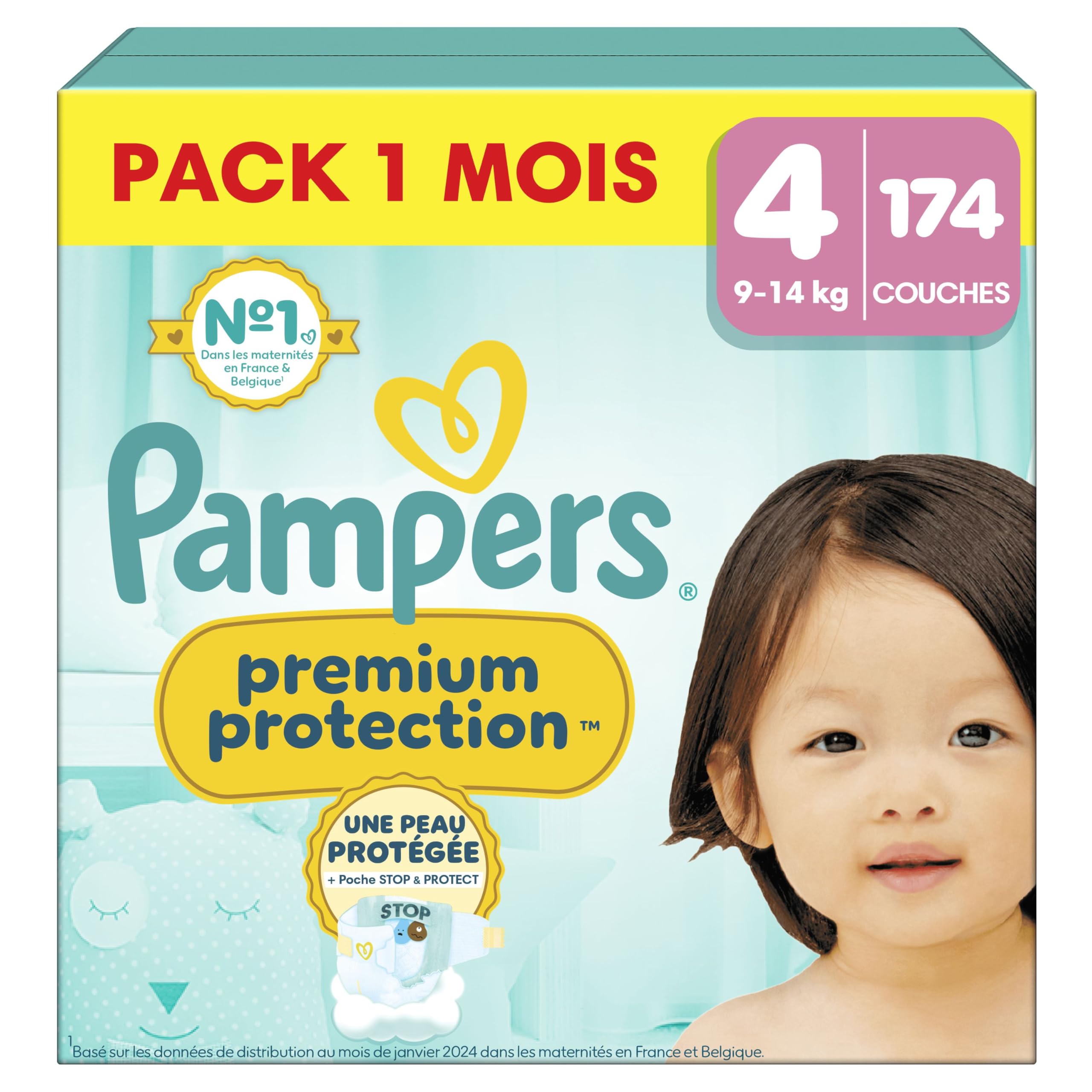 Pampers Premium Protection, Taille 4, 174 Couches, 9-​14kg, Double Protection pour la peau et contre les fuites Avec Poche Stop & Protect pour aider à capturer les Fuites, Pack 1 Mois