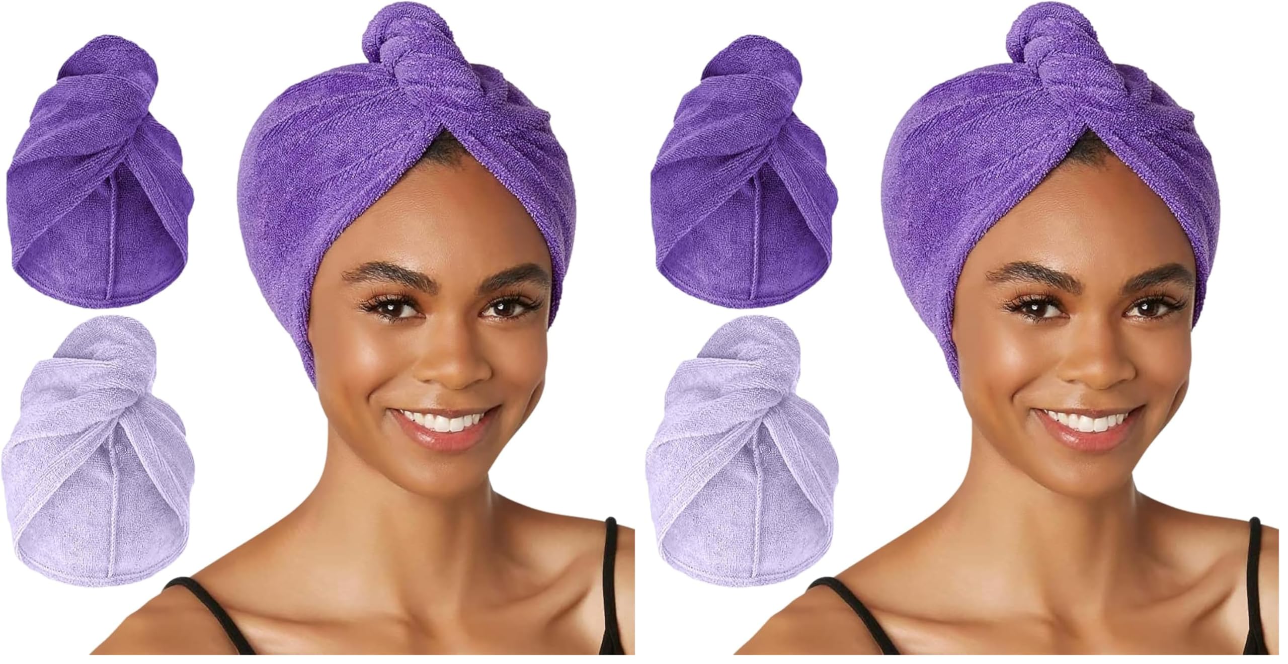 Turbie Twist 4-Pack Microfiber Hair Towel for Beauty, Travel, Gifting - Hair Wrap Turban for Straight, Wavy &amp; Curly Hair - Premium Personal Care - Dark Purple &amp; Light Purple