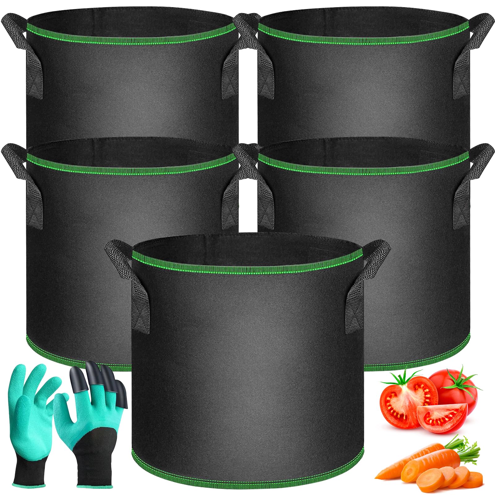 5 bolsas de cultivo negras 30L, Transpirables, para Patatas, Tomates, Zanahorias, Fresas, Flores, con Asas Manejar y Guantes de Jardinería, para Balcón, Terraza, Jardín e Invernadero