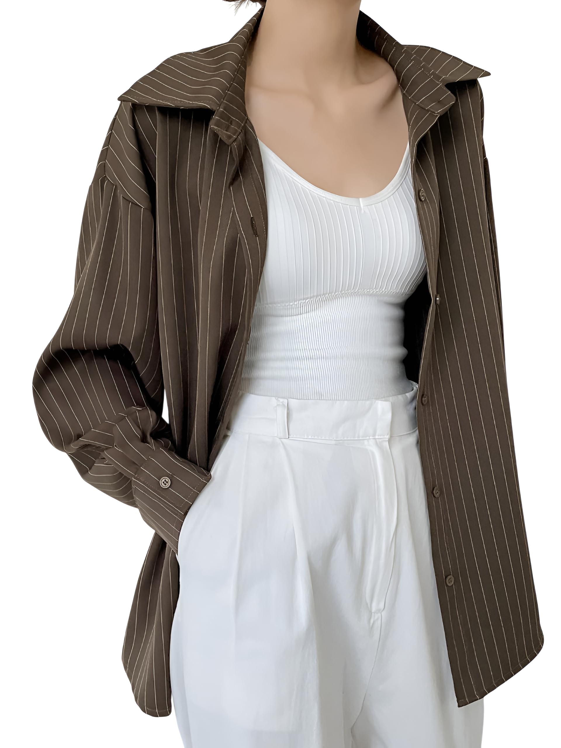 GRECIILOOKS Camicia da donna a righe, stile coreano, a maniche lunghe, con bottoni, taglie forti, per ufficio e abbigliamento casual, marrone, L