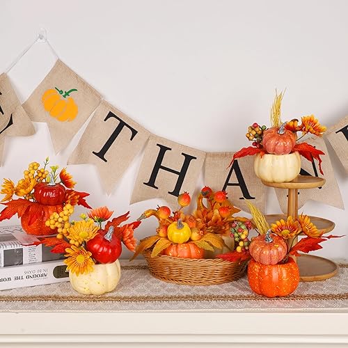 Miniatura 9 de winemana Decoraciones de otoño para el hogar, juego de 6 calabazas artificiales con arce y flores, decoración de mesa de Acción de Gracias, jarrones