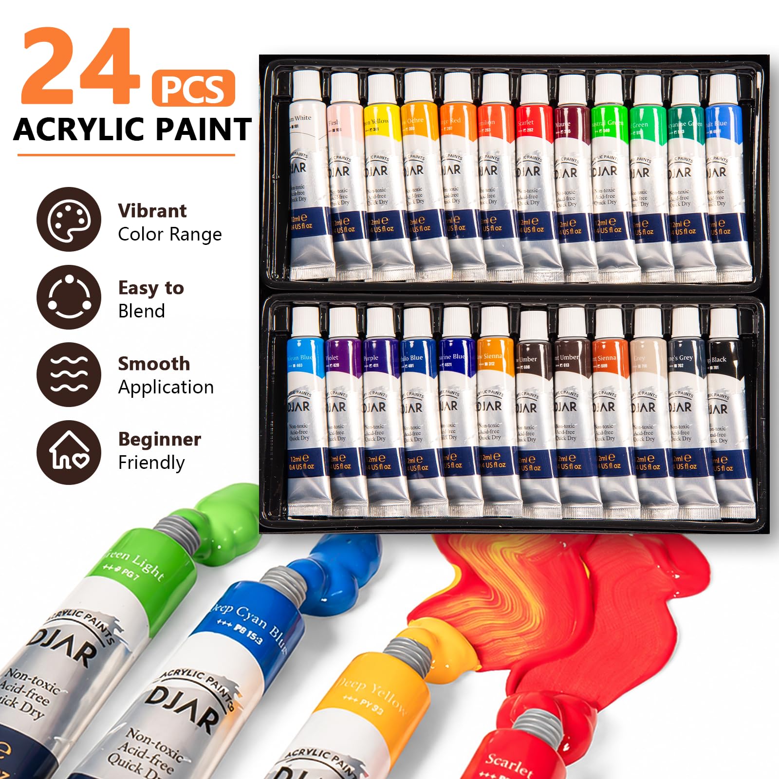 DJAR Set di 50 colori acrilici con cavalletto da tavolo, 24 colori acrilici, album da disegno, blocchi per pittura e kit completo di forniture artistiche acriliche per adulti, adolescenti e