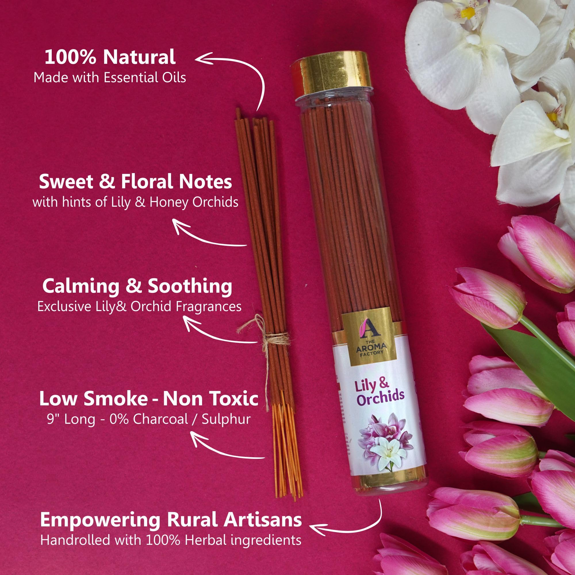 The Aroma Factory Varillas de incienso orgánico (hierbas Agarbatti para difuminar, limpiar) 0% carbón, 0% azufre, 3 botellas de 100 g (pachulí rosa, menta, lavanda, lirio y orquídea)