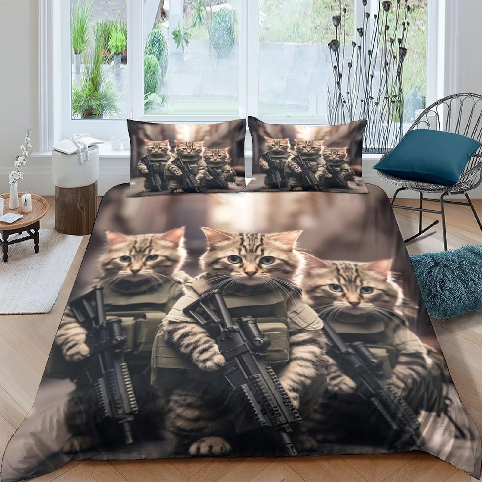 Ctjqhvkz Style-1 3D Printed Cat Warrior Fitted Sheet Microfiber Soft Anti-Slip Animal Battle Bed Cover For Bedroom Dorm Adult Teen Decor Single（135X200cm）
