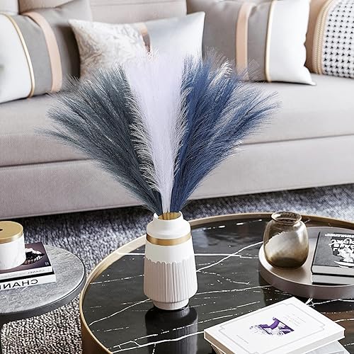 Miniatura 2 de Serwalin Decoración de hierba de las pampas azul, 17 pulgadas, 6 piezas, hierba de las pampas sintética, azul marino y blanco, decoración de boda,