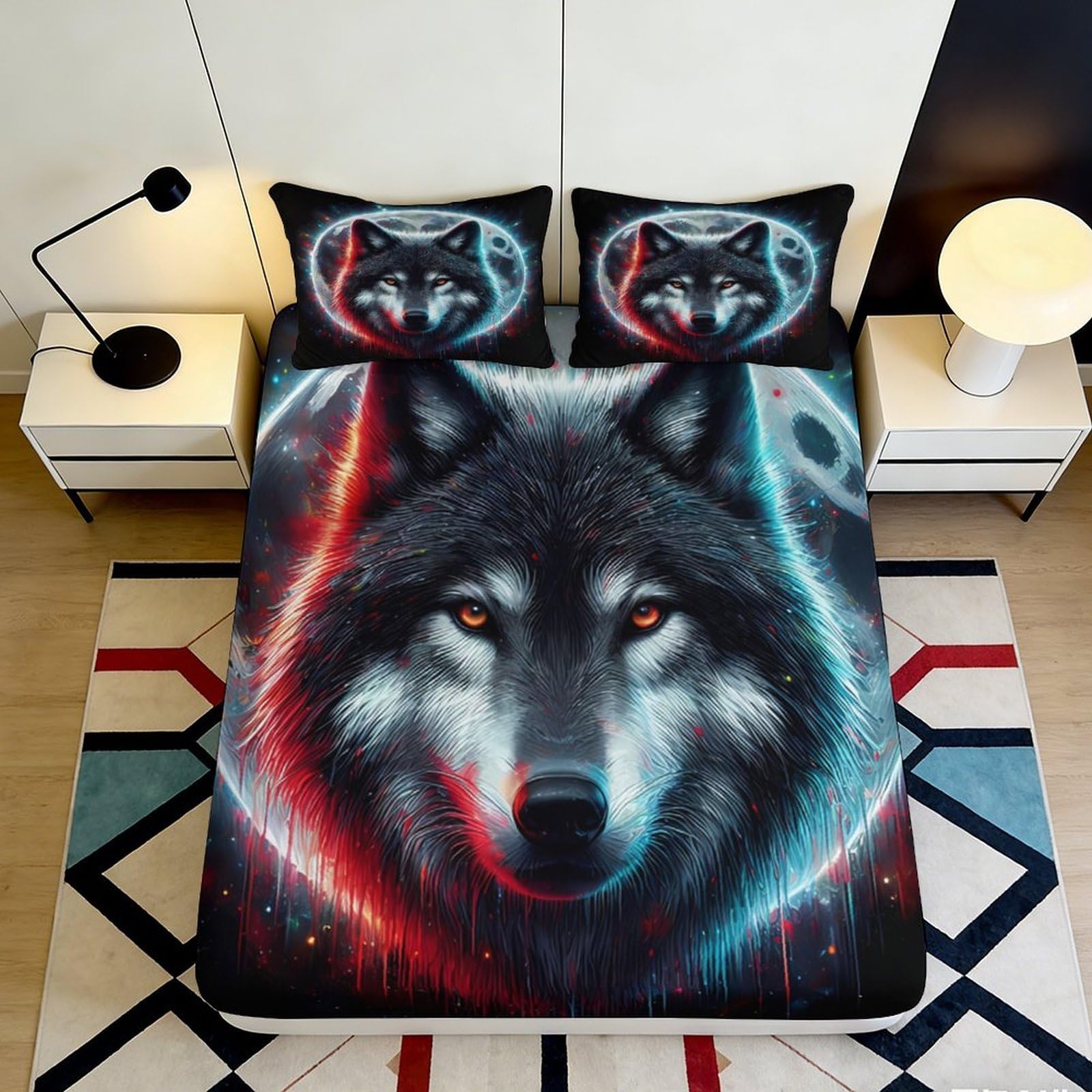 3D Printed Wolf Moon Fitted Sheet Microfiber Soft Anti-Slip Artistic Forest Bed Cover for Bedroom Guest Room Decor 90x200x25cm