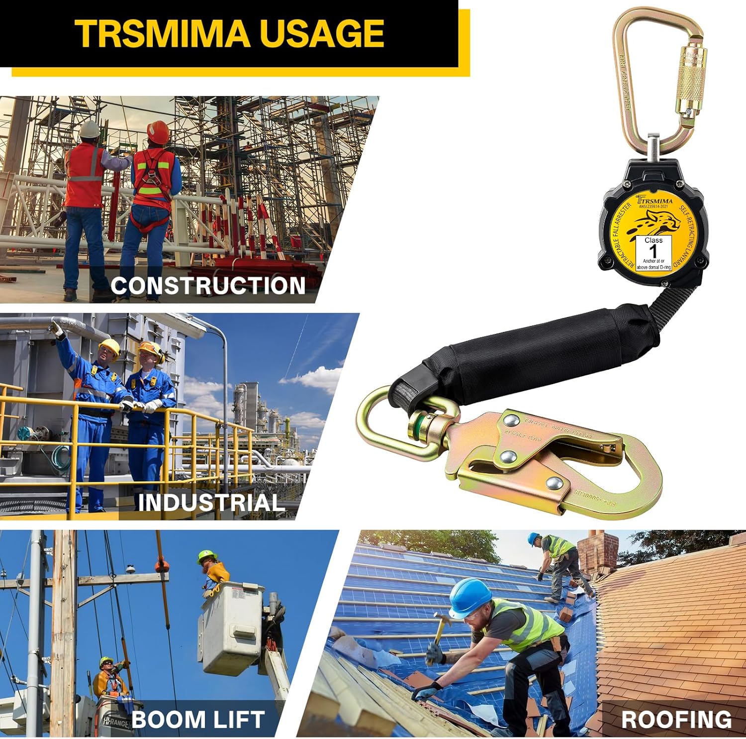 TRSMIMA Retractable Lanyard Fall Protection: 6FT Webbing Self Retracting SRL Fall Arrest for Safety Harness Construction Workers