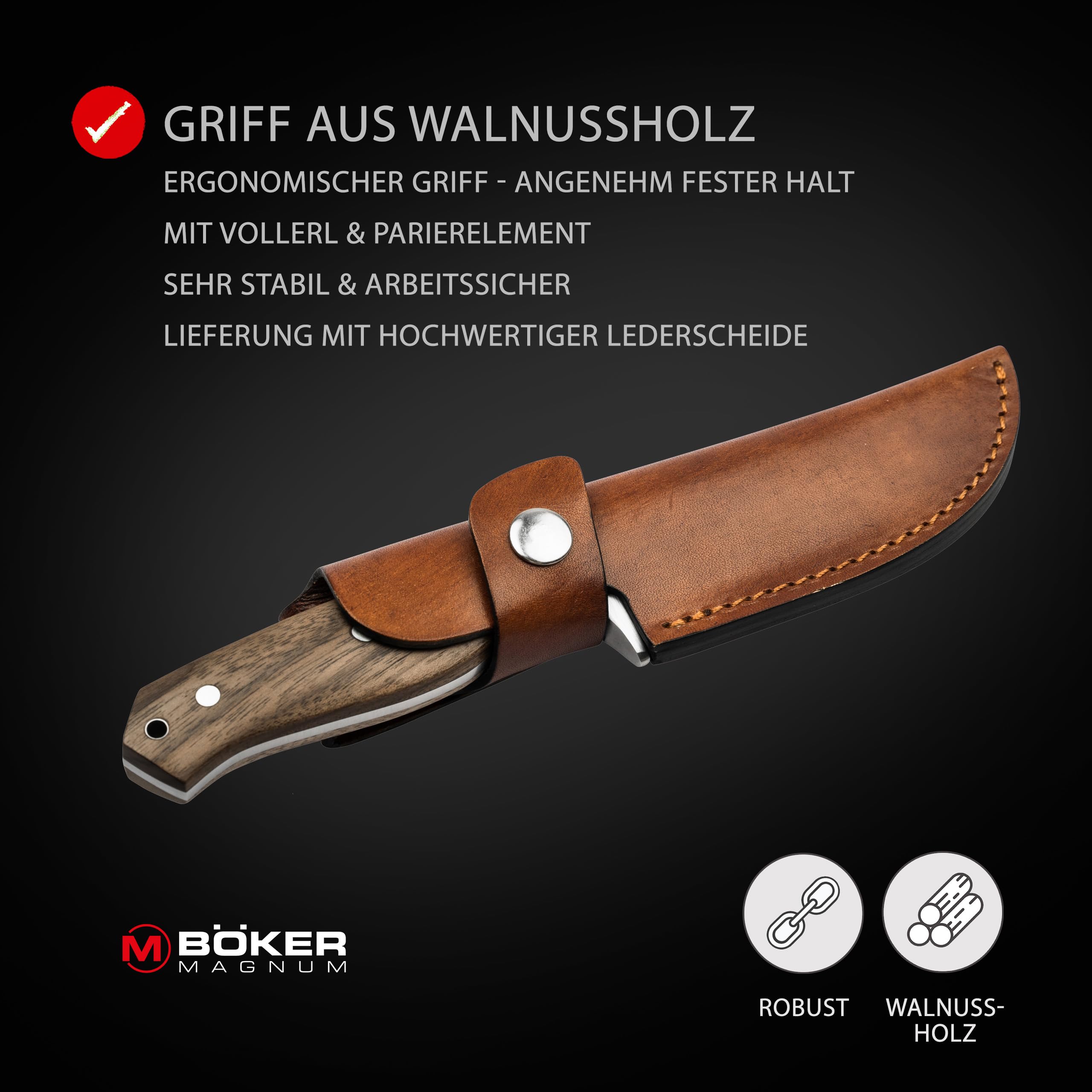 Magnum® Walnut Drop Fixed Knife - Fahrtenmesser mit feststehender Klinge unter 12 cm - Jagdmesser Holzgriff & Scheide - feststehendes Full Tang Outdoor Messer mit Parierelement für Pfadfinder