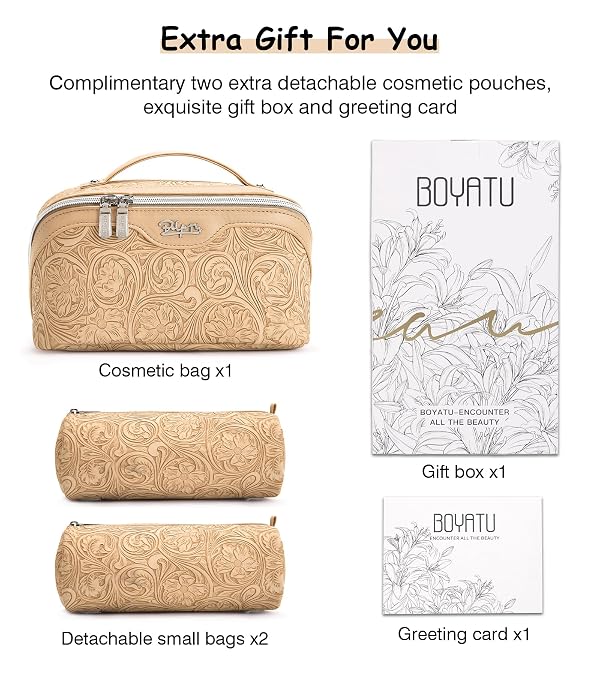 BOYATU Travel Makeup Bags Cosmetic Organizer Bag: 3 Pcs Set Large Capacity Floral Make up Bag with Compartments - Waterproof Leather Toiletry Bags with Handle for Women (17-Apricot) by BOYATU - Image 7